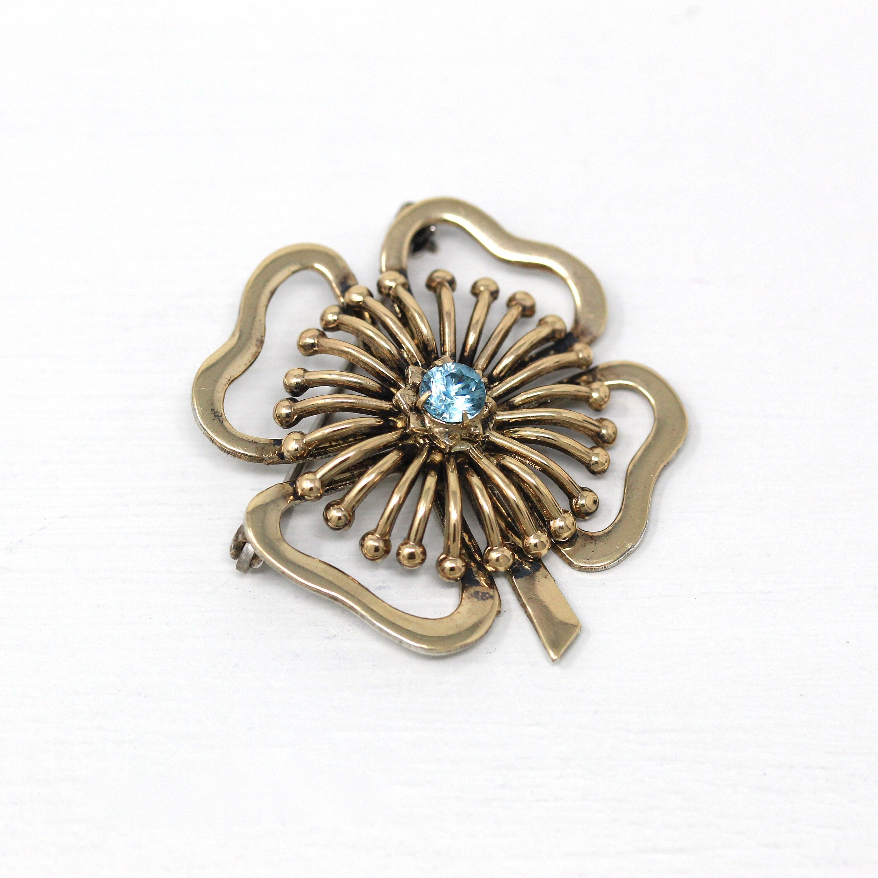 Genuine Zircon Brooch - Retro 14k Gold Filled On Sterling Silver Four Leaf Clover Pin - Circa 1940s Era Symmetalic Fashion Accessory Jewelry