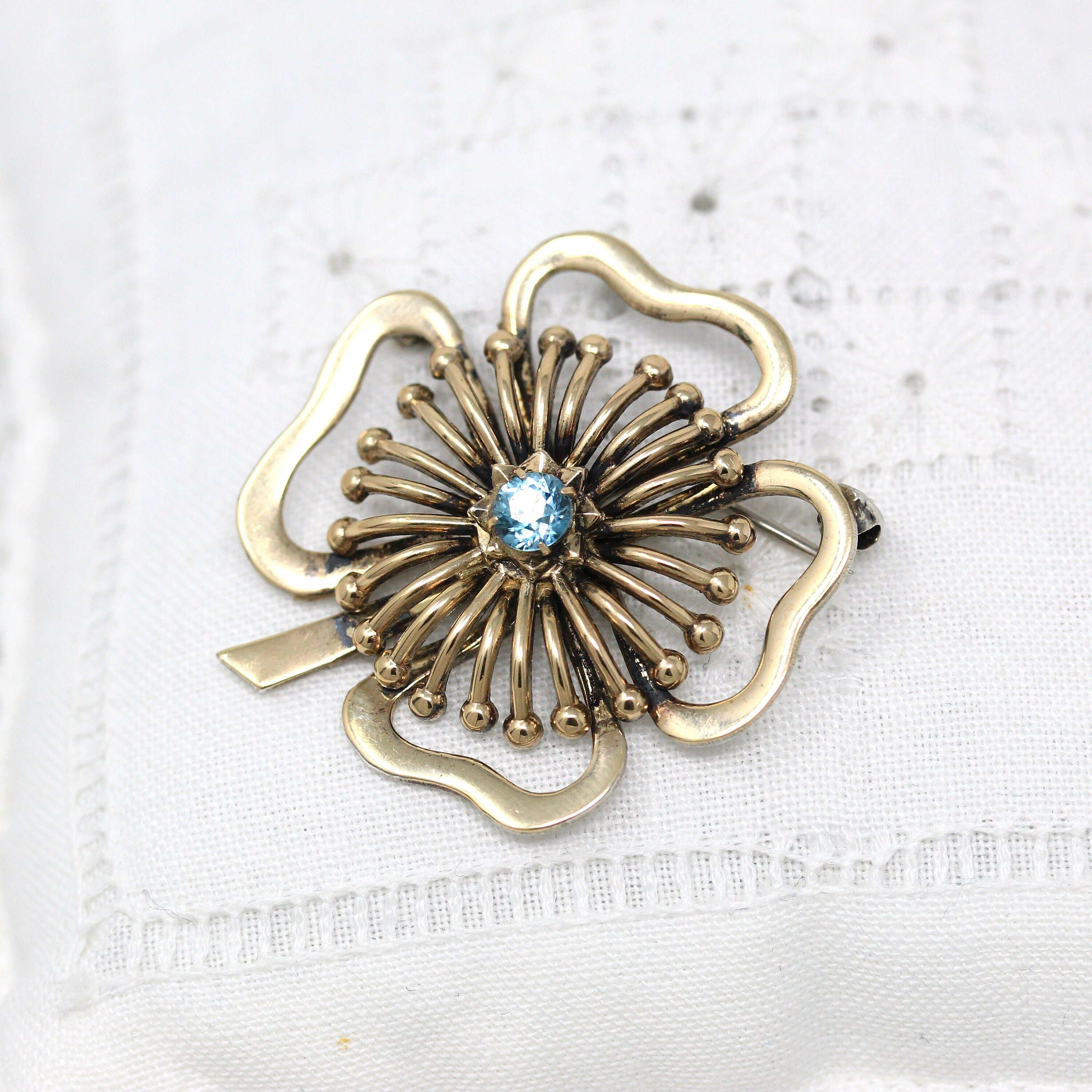 Genuine Zircon Brooch - Retro 14k Gold Filled On Sterling Silver Four Leaf Clover Pin - Circa 1940s Era Symmetalic Fashion Accessory Jewelry