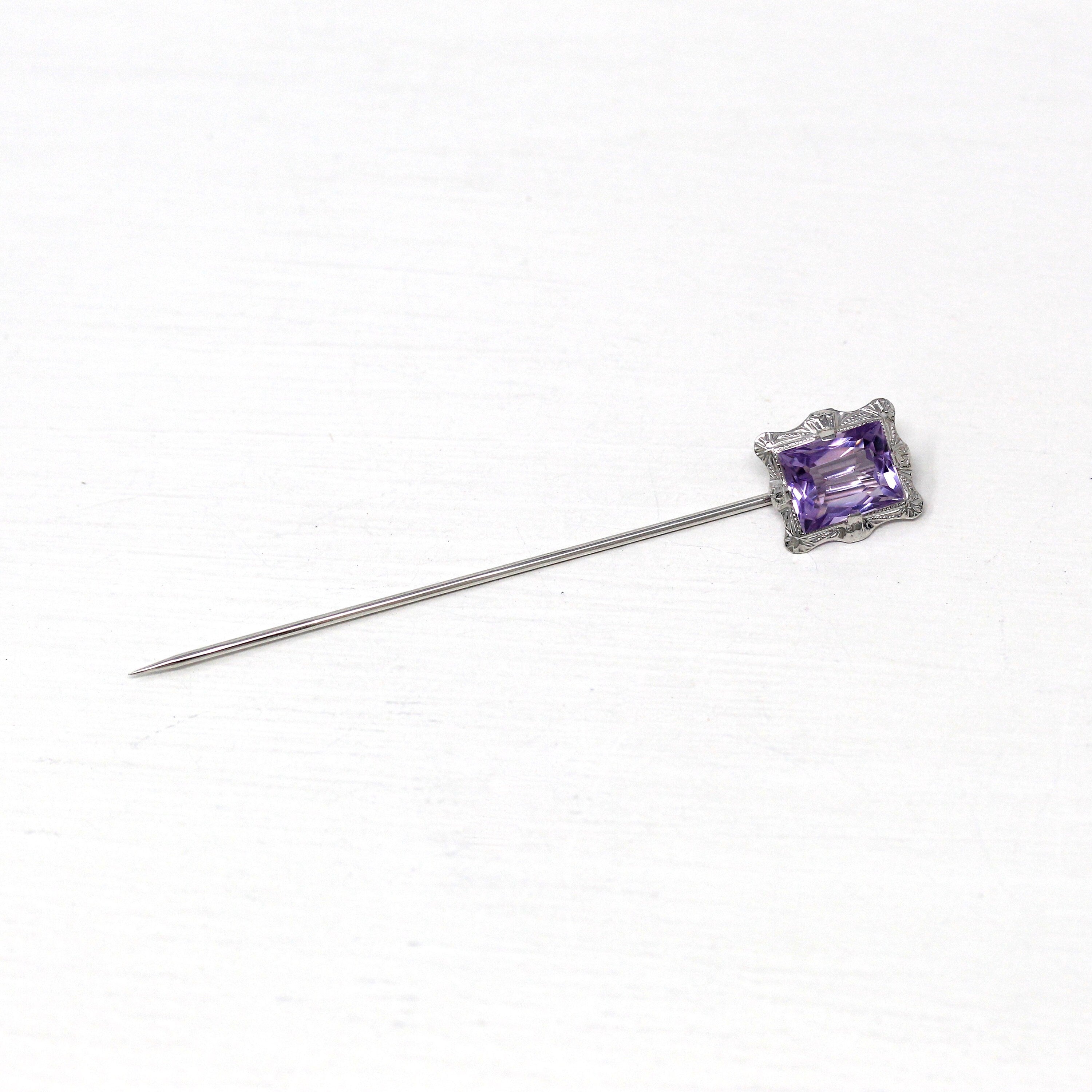 Vintage Stick Pin - Art Deco 14k White Gold Genuine Amethyst Gemstone - Circa 1930s Era Fashion Accessory Fine February Birthstone Jewelry