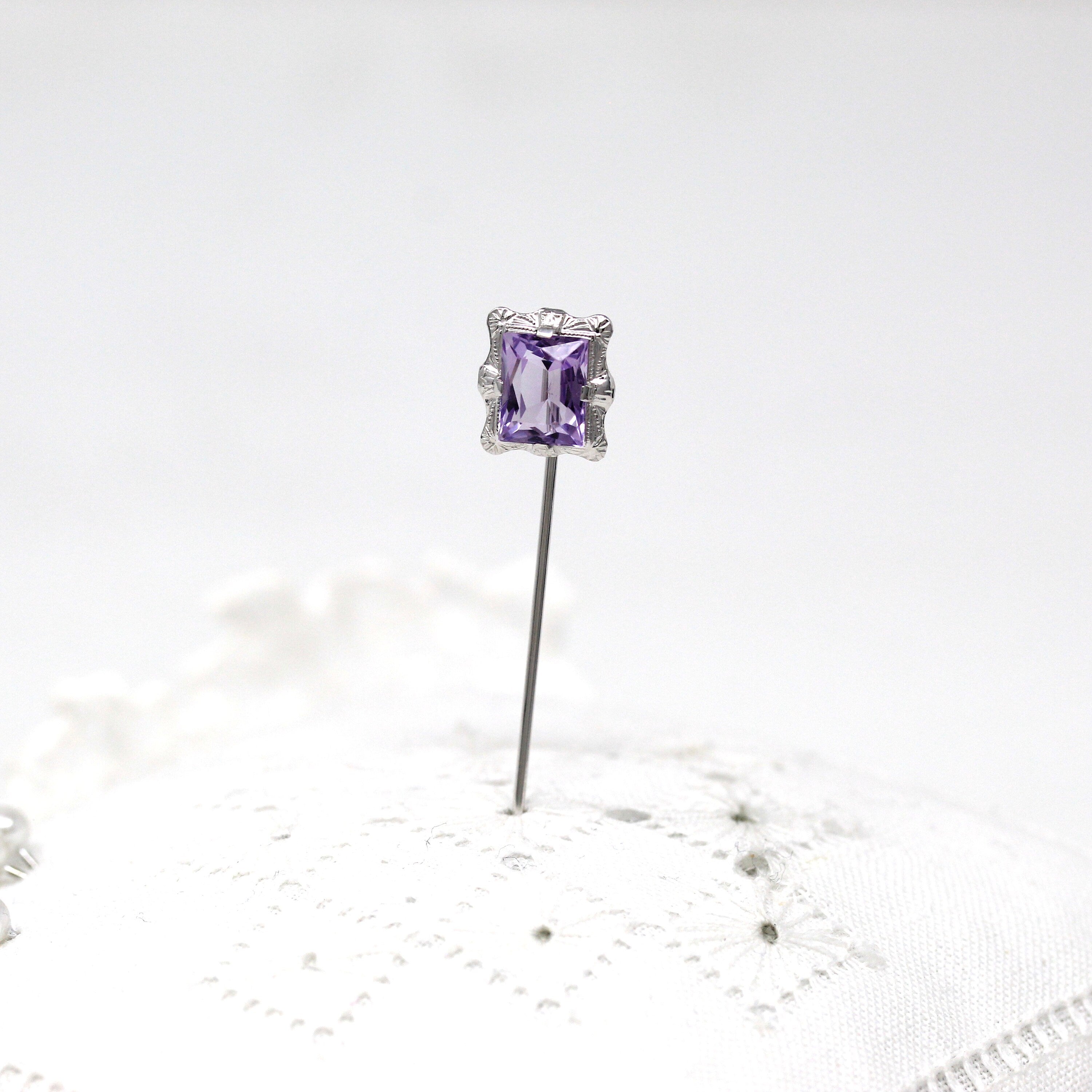 Vintage Stick Pin - Art Deco 14k White Gold Genuine Amethyst Gemstone - Circa 1930s Era Fashion Accessory Fine February Birthstone Jewelry