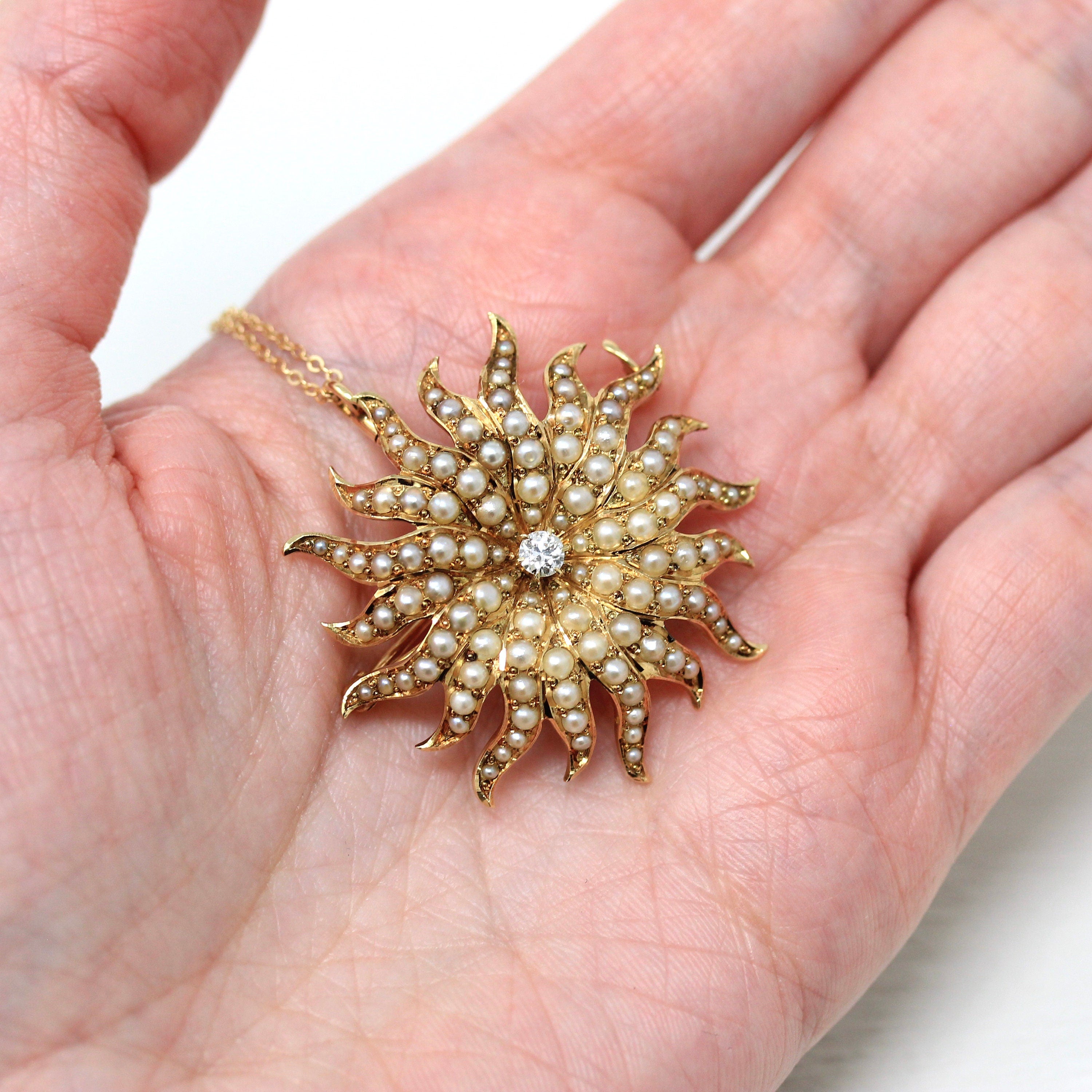 Antique Starburst Necklace - Edwardian 14k Yellow Gold Seed Pearls Brooch Pendant - Circa 1910s Genuine Diamond Sun Star Celestial Jewelry