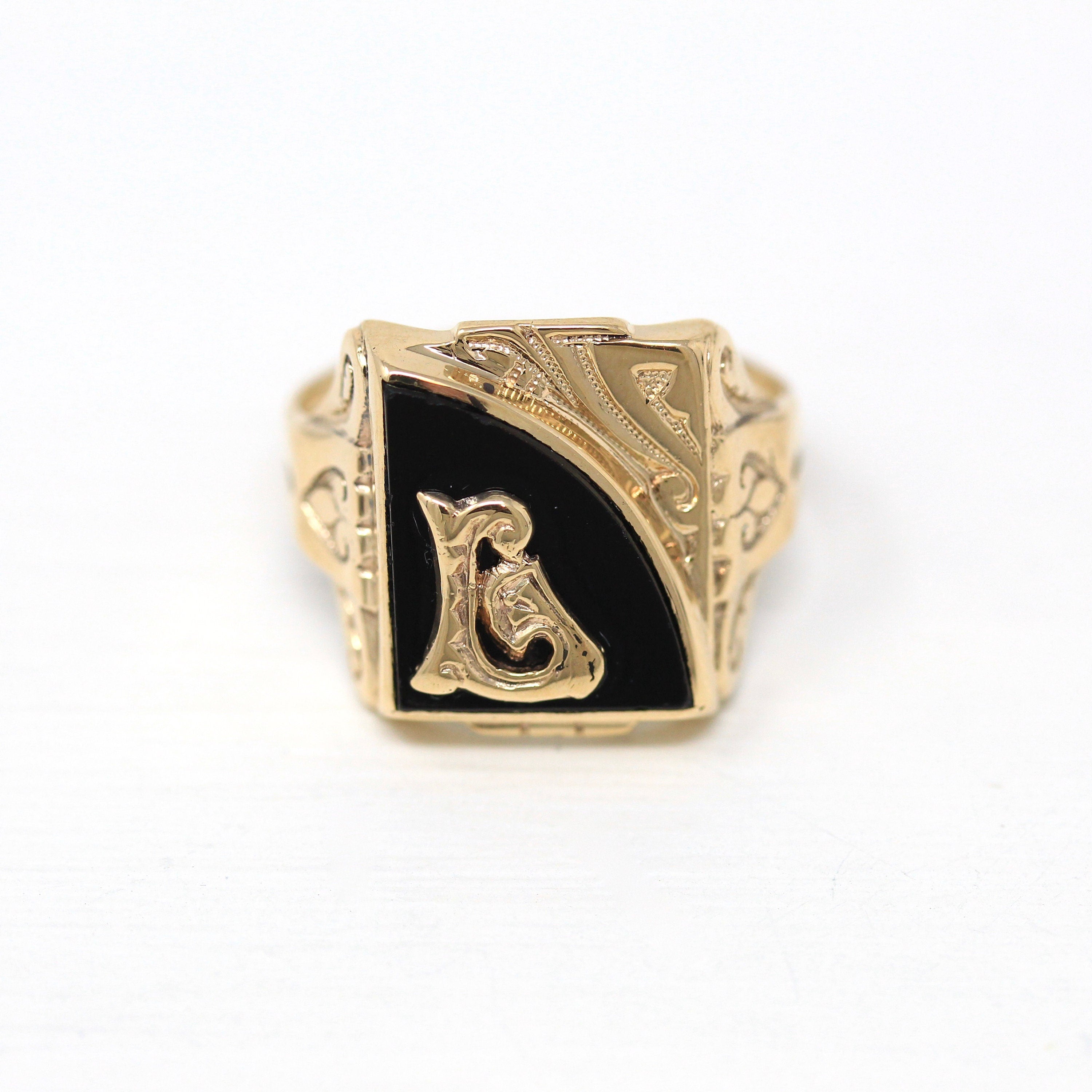 Letter "L" Ring - Retro 10k Yellow Gold Genuine Onyx Old English Initial - Vintage Circa 1940s Era Size 7 1/4 Statement Fine 40s Jewelry