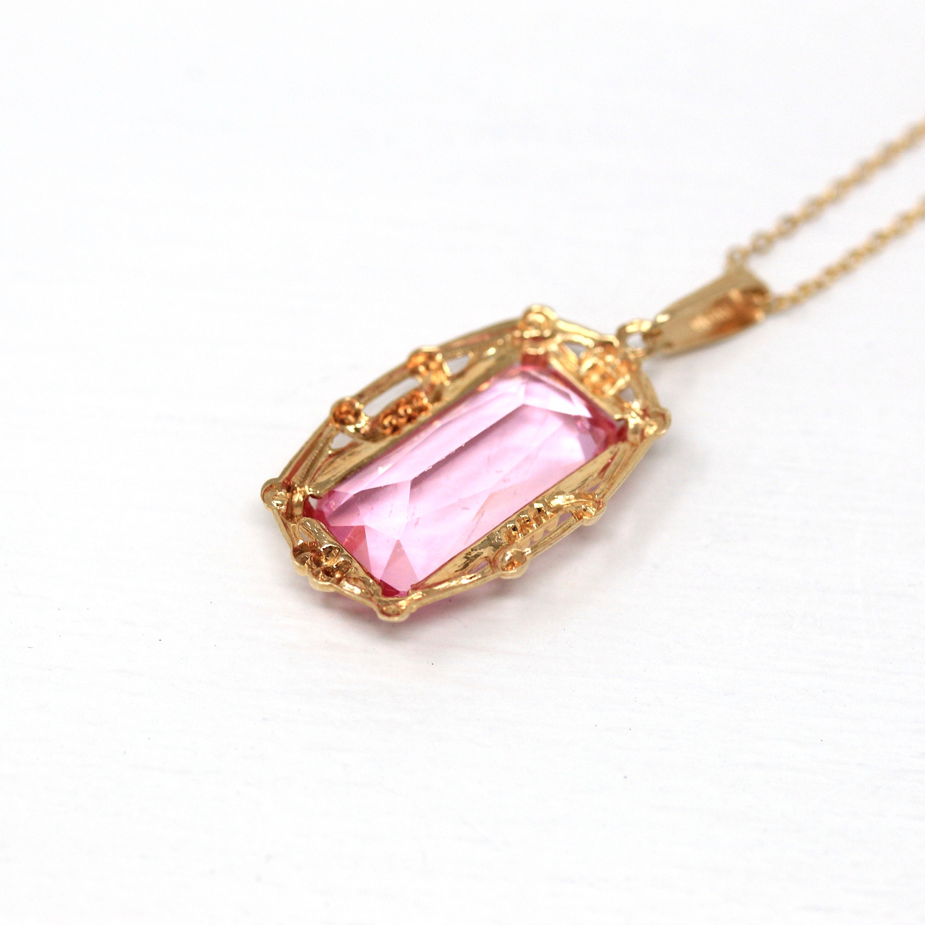 Vintage Pendant Necklace - Retro 10k Yellow Gold Rectangular Faceted Pink Glass Statement - Vintage Circa 1940s Era Fine BDA Flower Jewelry