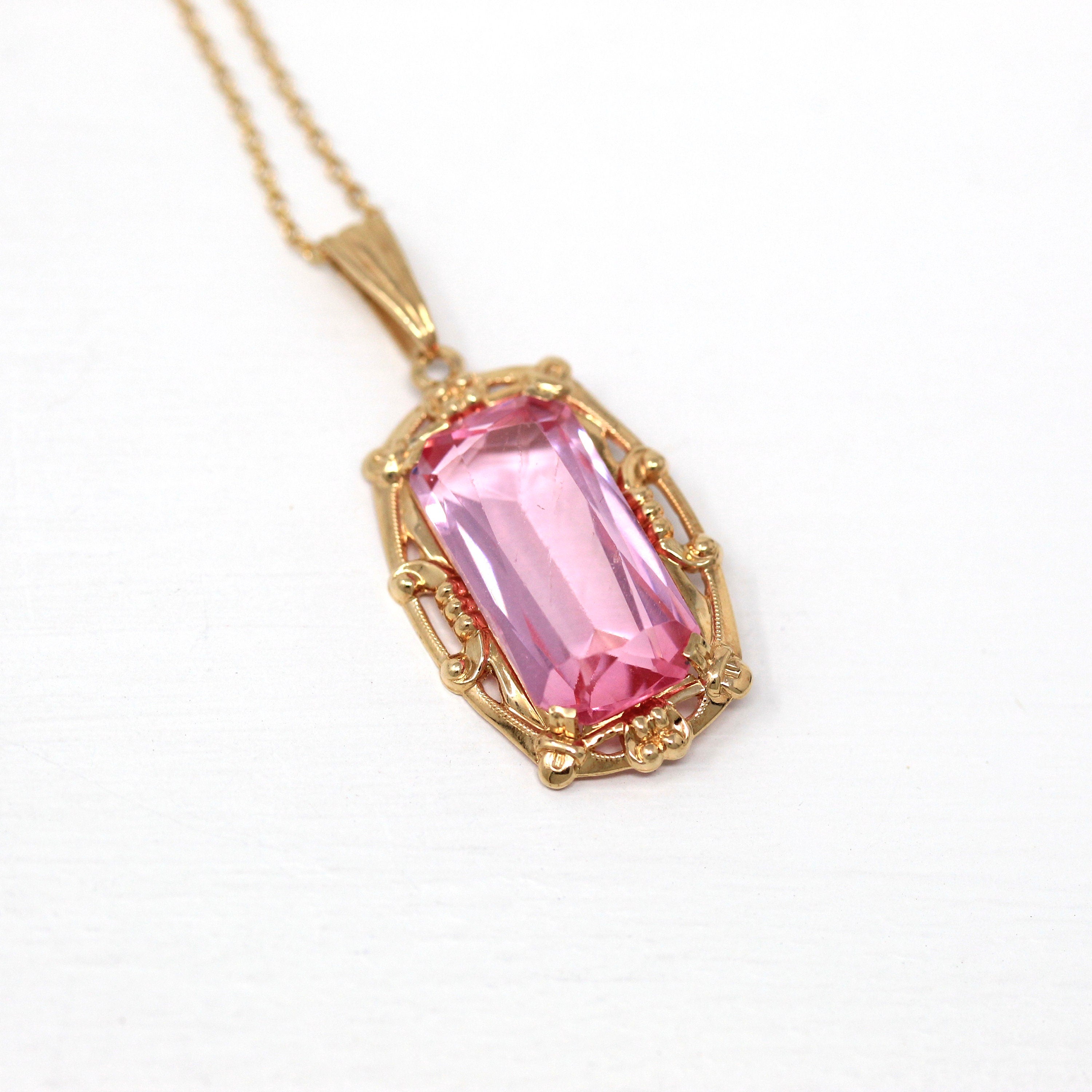 Vintage Pendant Necklace - Retro 10k Yellow Gold Rectangular Faceted Pink Glass Statement - Vintage Circa 1940s Era Fine BDA Flower Jewelry