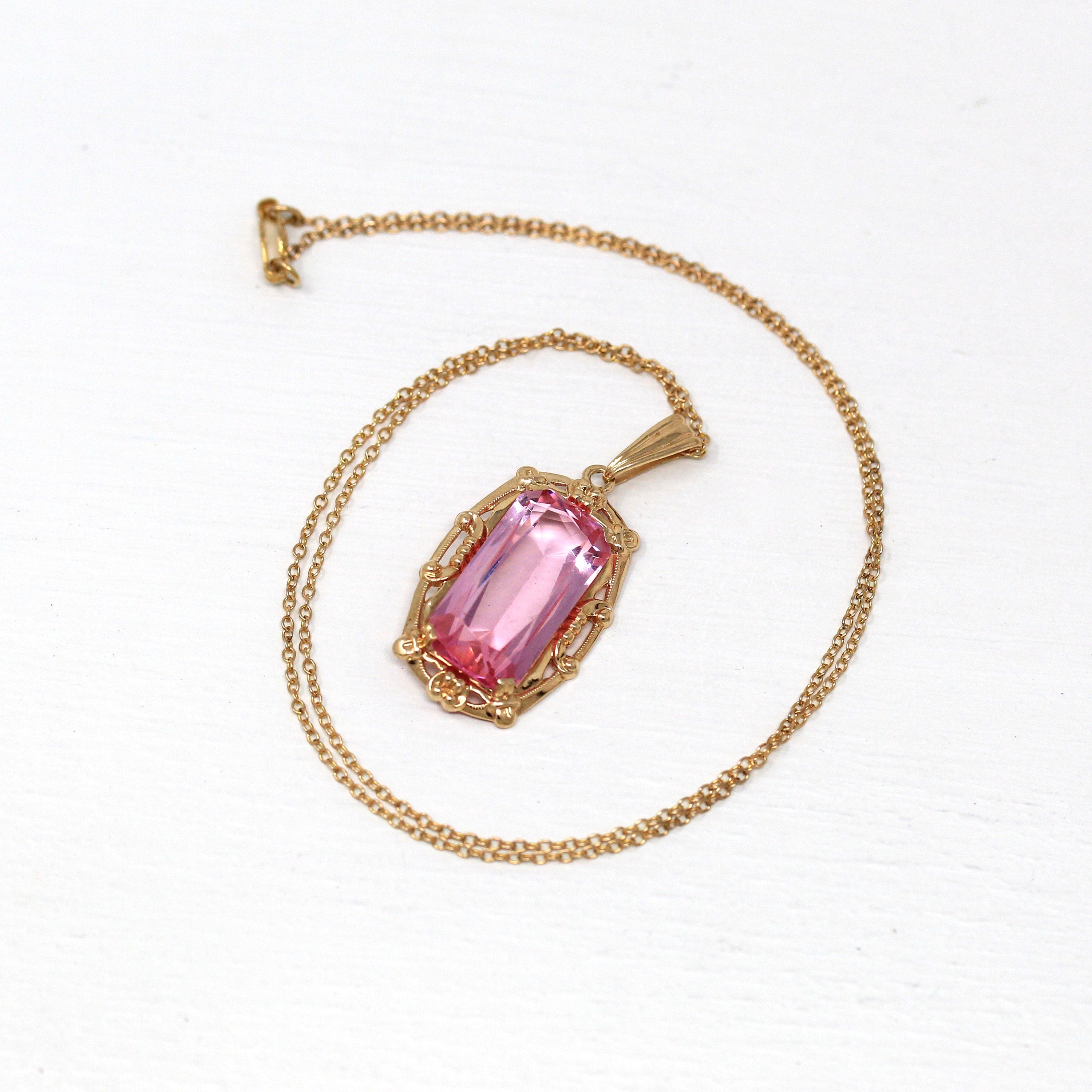 Vintage Pendant Necklace - Retro 10k Yellow Gold Rectangular Faceted Pink Glass Statement - Vintage Circa 1940s Era Fine BDA Flower Jewelry