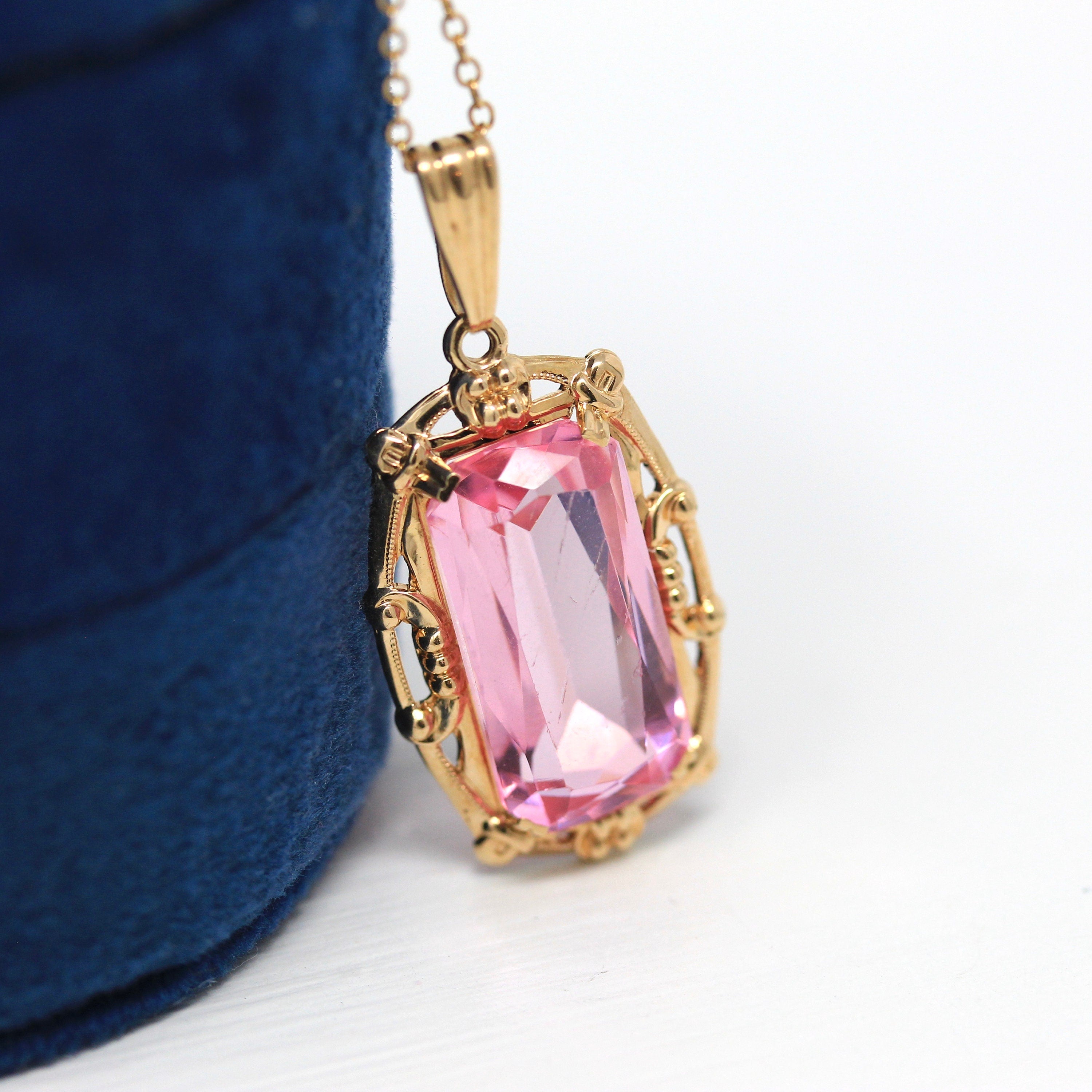 Vintage Pendant Necklace - Retro 10k Yellow Gold Rectangular Faceted Pink Glass Statement - Vintage Circa 1940s Era Fine BDA Flower Jewelry