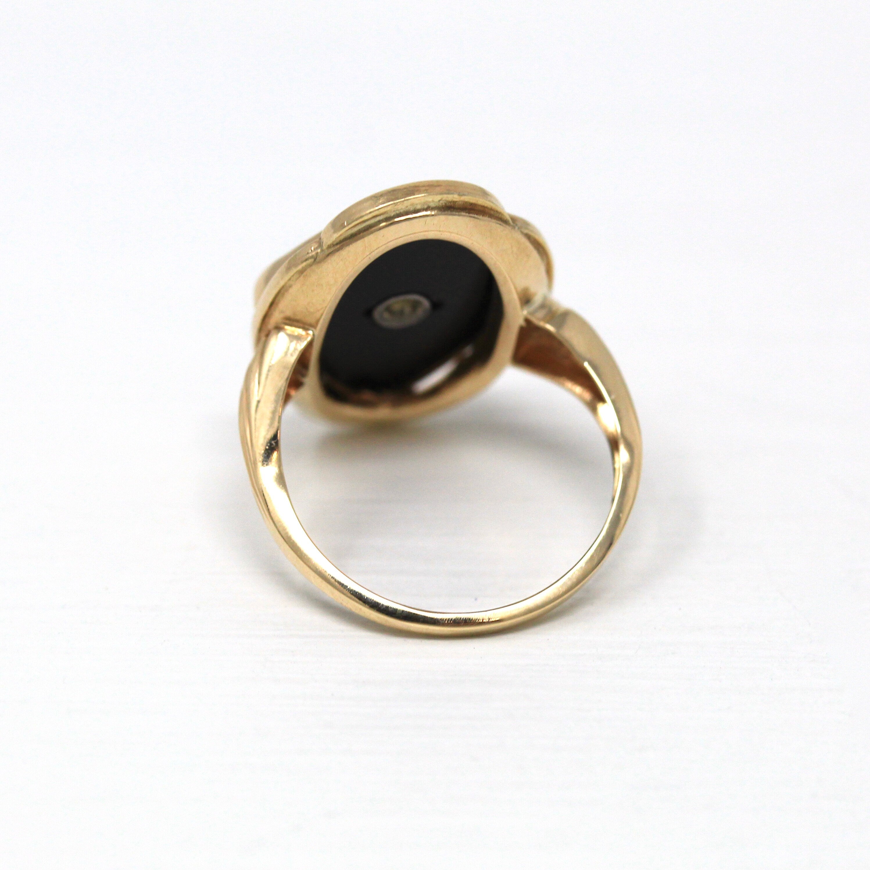 Vintage Onyx Ring - Retro 10k Yellow Gold Fancy Cut Genuine Black Gemstone - Circa 1940s Era Size 5 Statement Diamond Fine Esemco Jewelry