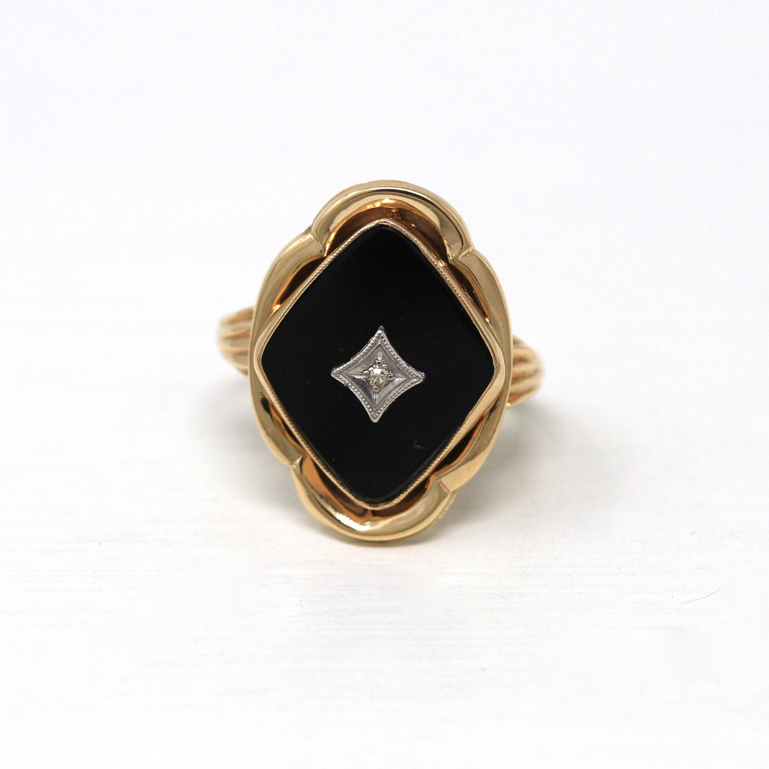 Vintage Onyx Ring - Retro 10k Yellow Gold Fancy Cut Genuine Black Gemstone - Circa 1940s Era Size 5 Statement Diamond Fine Esemco Jewelry