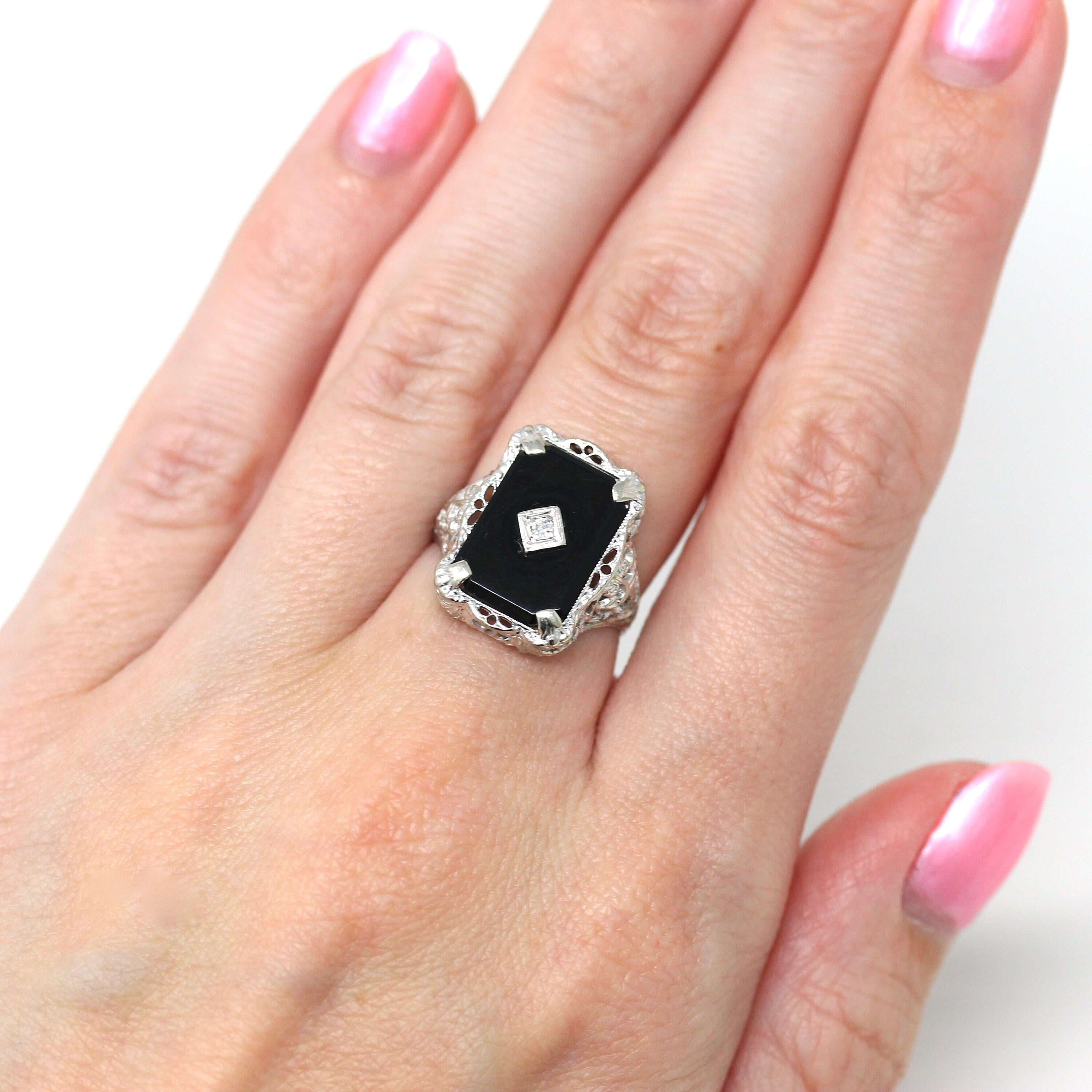 Classic 10K White Gold Diamond Center Black cheapest Onyx Ring ~ Art Deco ~