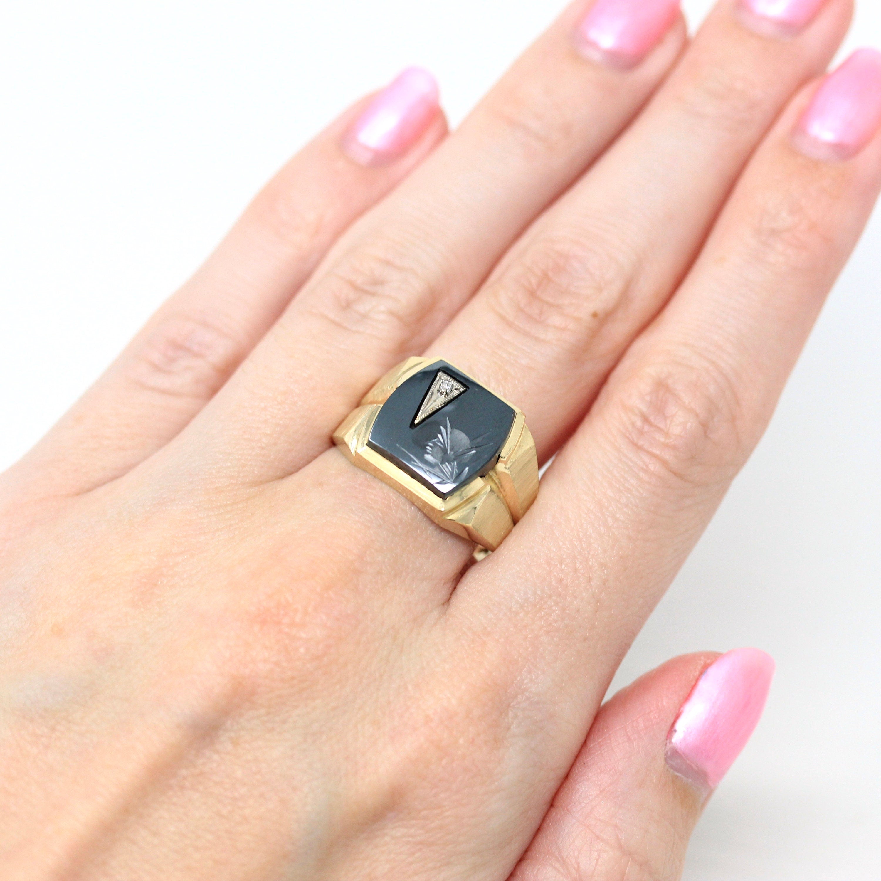 Vintage Hematite Ring - Retro 14k Yellow Gold Intaglio Carved Gray Roman Gem Warrior - Circa 1960s Era Size 10 1/2 Statement Diamond Jewelry