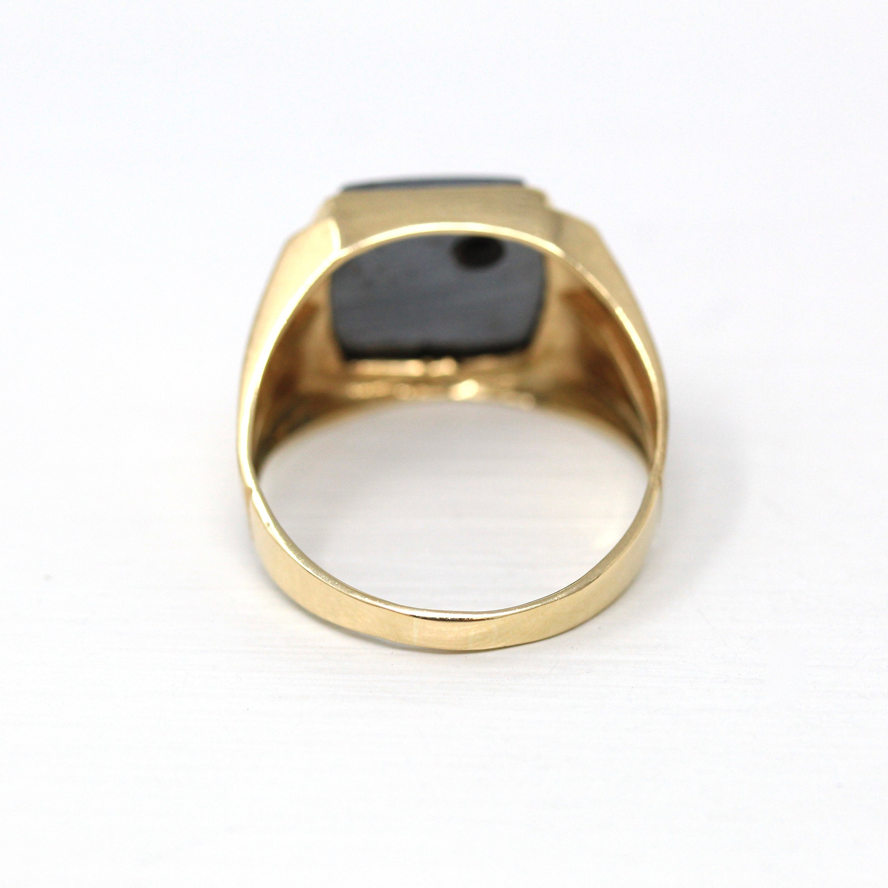 Vintage Hematite Ring - Retro 14k Yellow Gold Intaglio Carved Gray Roman Gem Warrior - Circa 1960s Era Size 10 1/2 Statement Diamond Jewelry