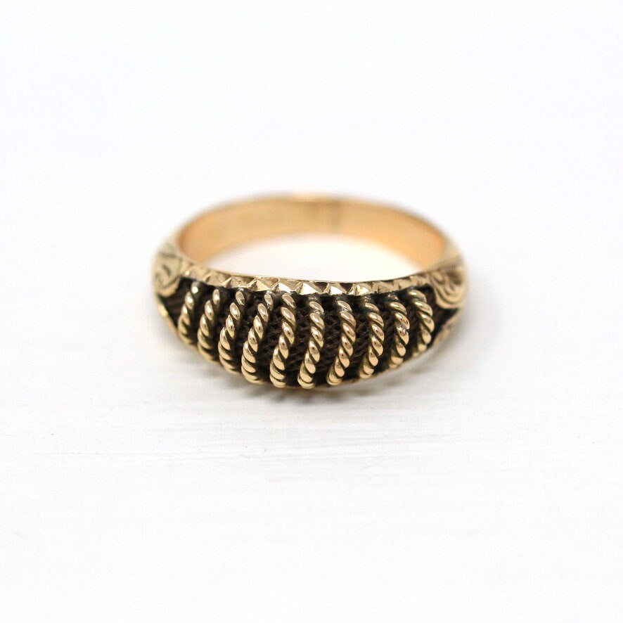 Antique Hair Ring - Victorian 10k Yellow Gold Braided Woven Brown Hair - Vintage Circa Mid 1800s Era Mourning Style Symbolic Fine Jewelry