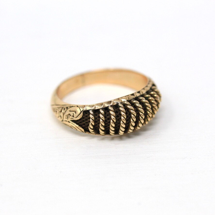 Antique Hair Ring - Victorian 10k Yellow Gold Braided Woven Brown Hair - Vintage Circa Mid 1800s Era Mourning Style Symbolic Fine Jewelry