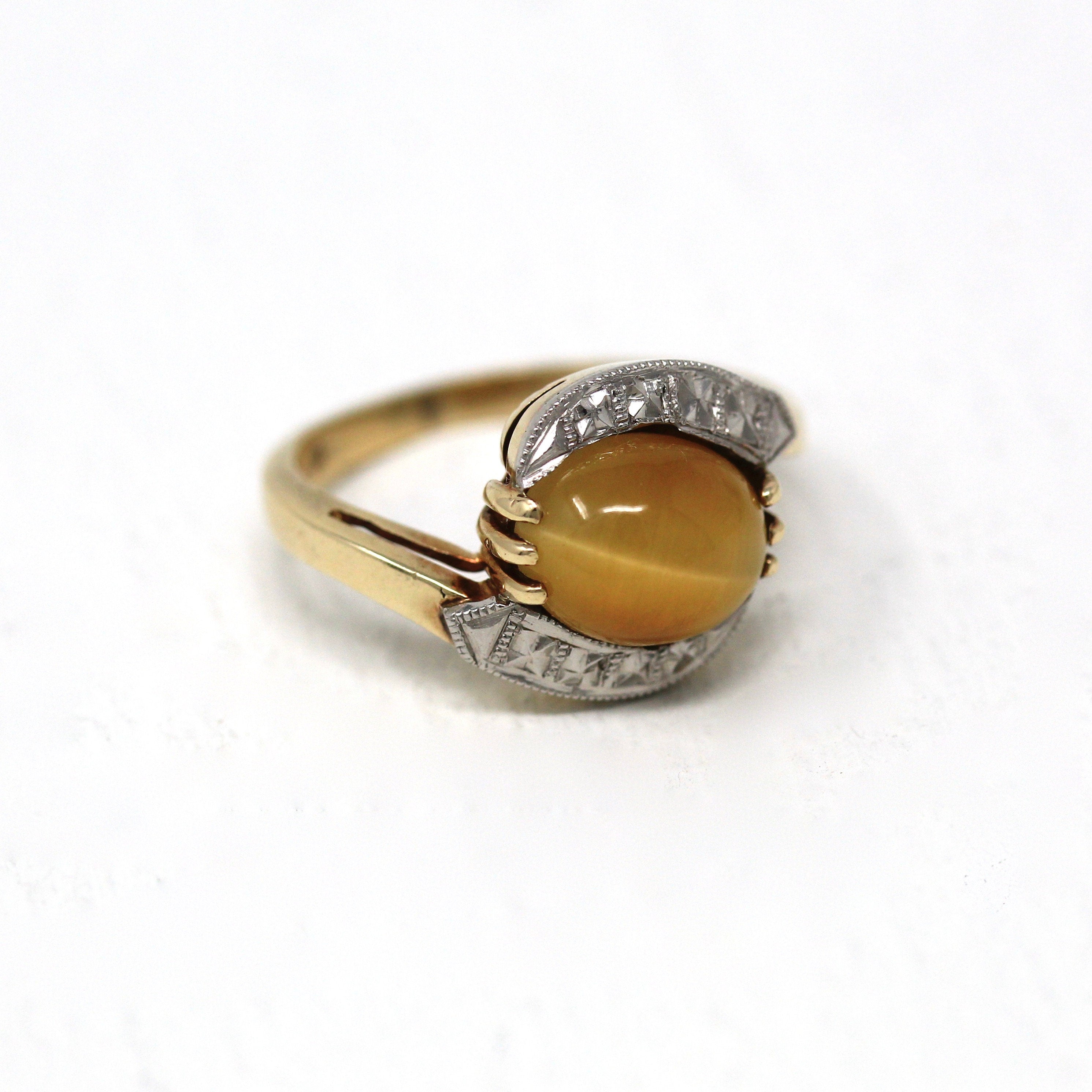 Tiger's Eye Ring - Retro 10k Yellow & White Gold 1.92 Ct Genuine Brown Gem - Vintage Circa 1940s Era Size 4 1/2 Cabochon Bypass Fine Jewelry