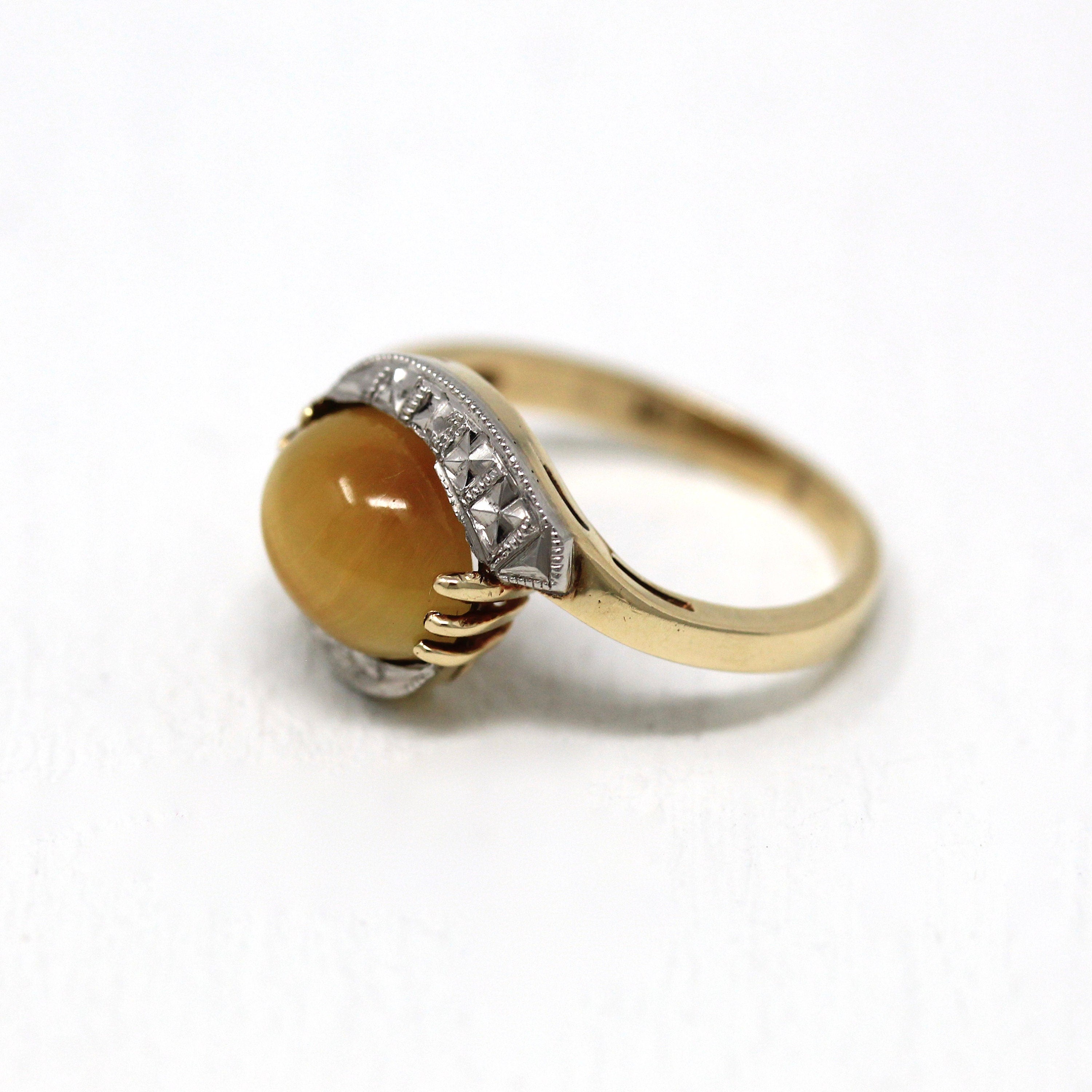 Tiger's Eye Ring - Retro 10k Yellow & White Gold 1.92 Ct Genuine Brown Gem - Vintage Circa 1940s Era Size 4 1/2 Cabochon Bypass Fine Jewelry