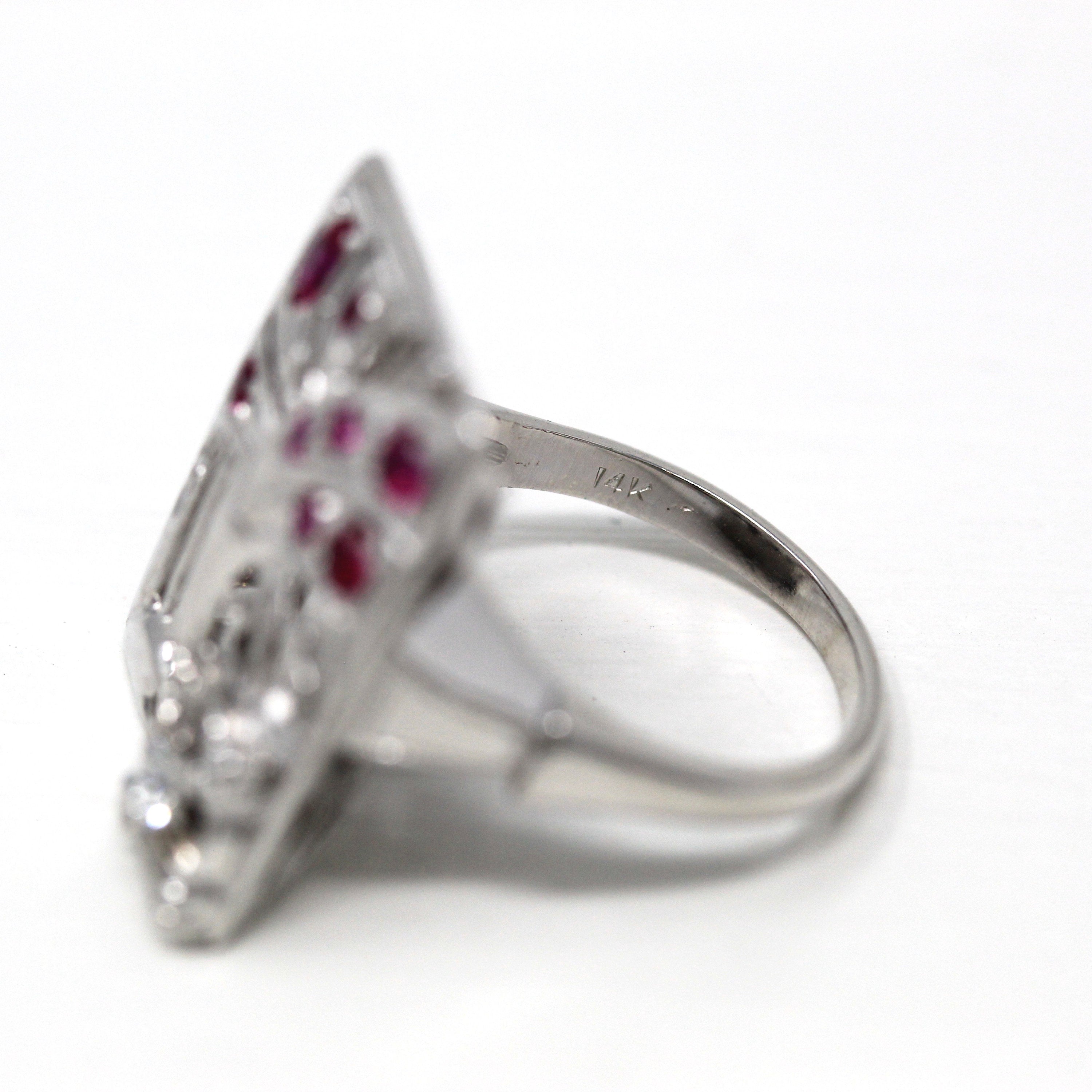 Mid Century Ring - Vintage 14k White Gold .08 CT Diamond Gem Statement - Circa 1950s Era Size 7 1/4 Cocktail Fine Created Ruby Jewelry