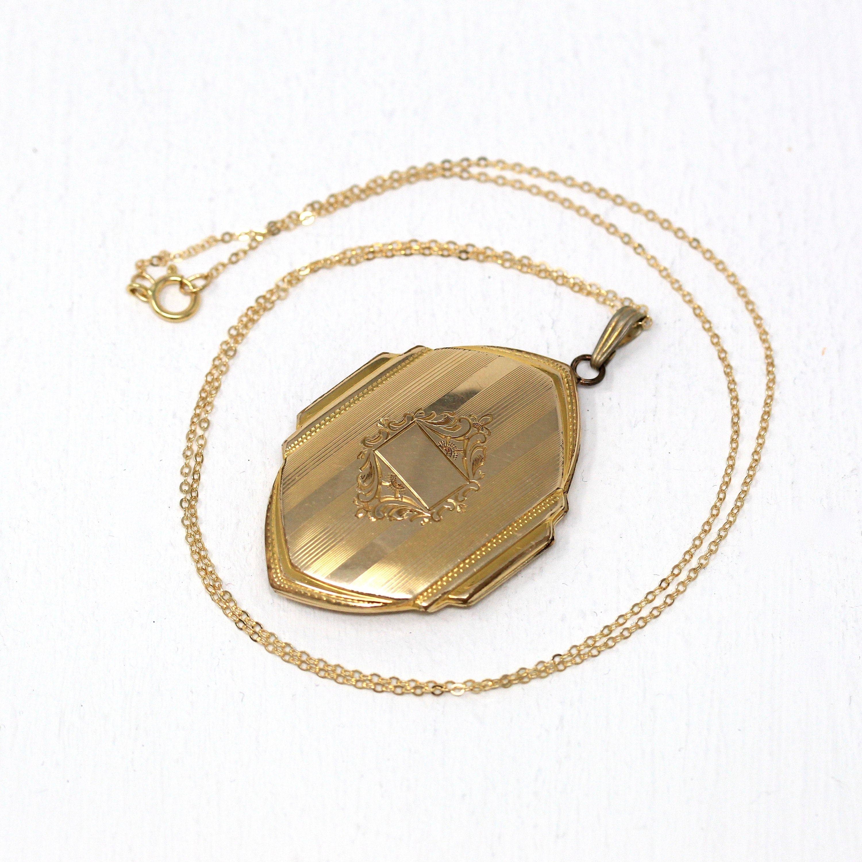 Vintage Photo Locket - Retro 10k Gold Filled Pinstripe Large Unique Shape Pendant Necklace - Circa 1940s Era Statement Dunn Bros 40s Jewelry