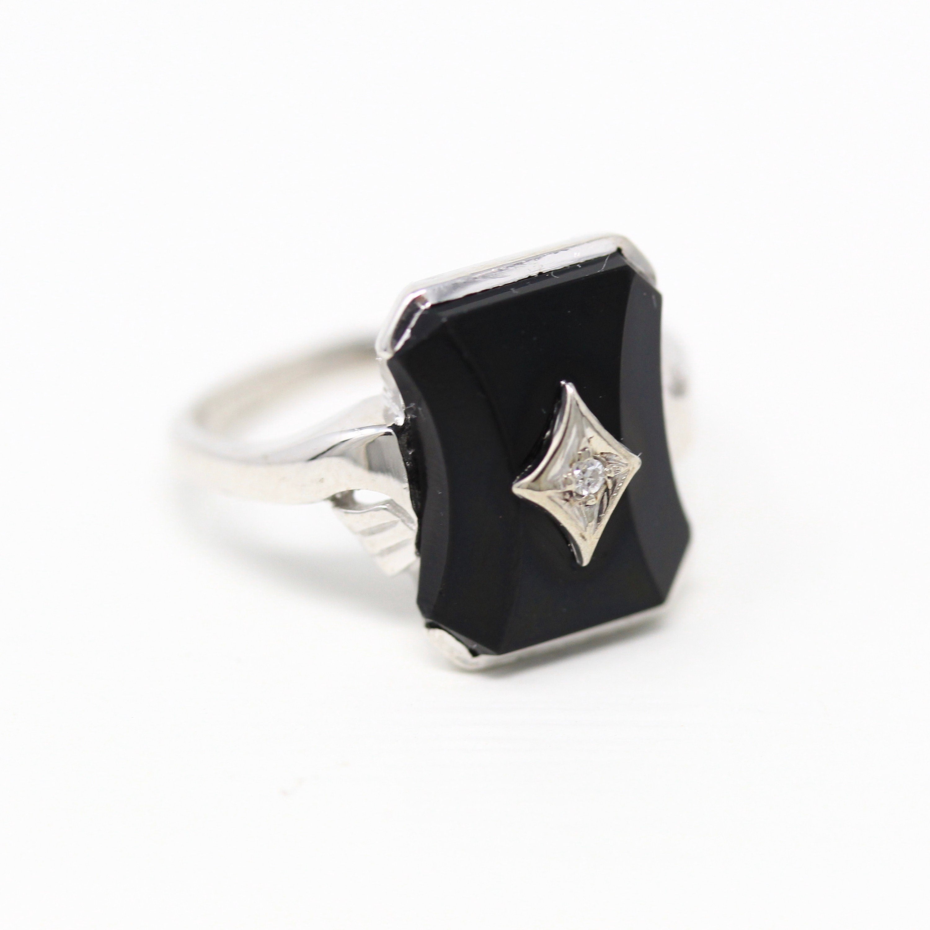 Vintage Onyx Ring - Mid Century 10k White Gold Genuine Diamond & Black Gem Statement - Circa 1950s Era Size 5.25 Gemstone Fine Jewelry