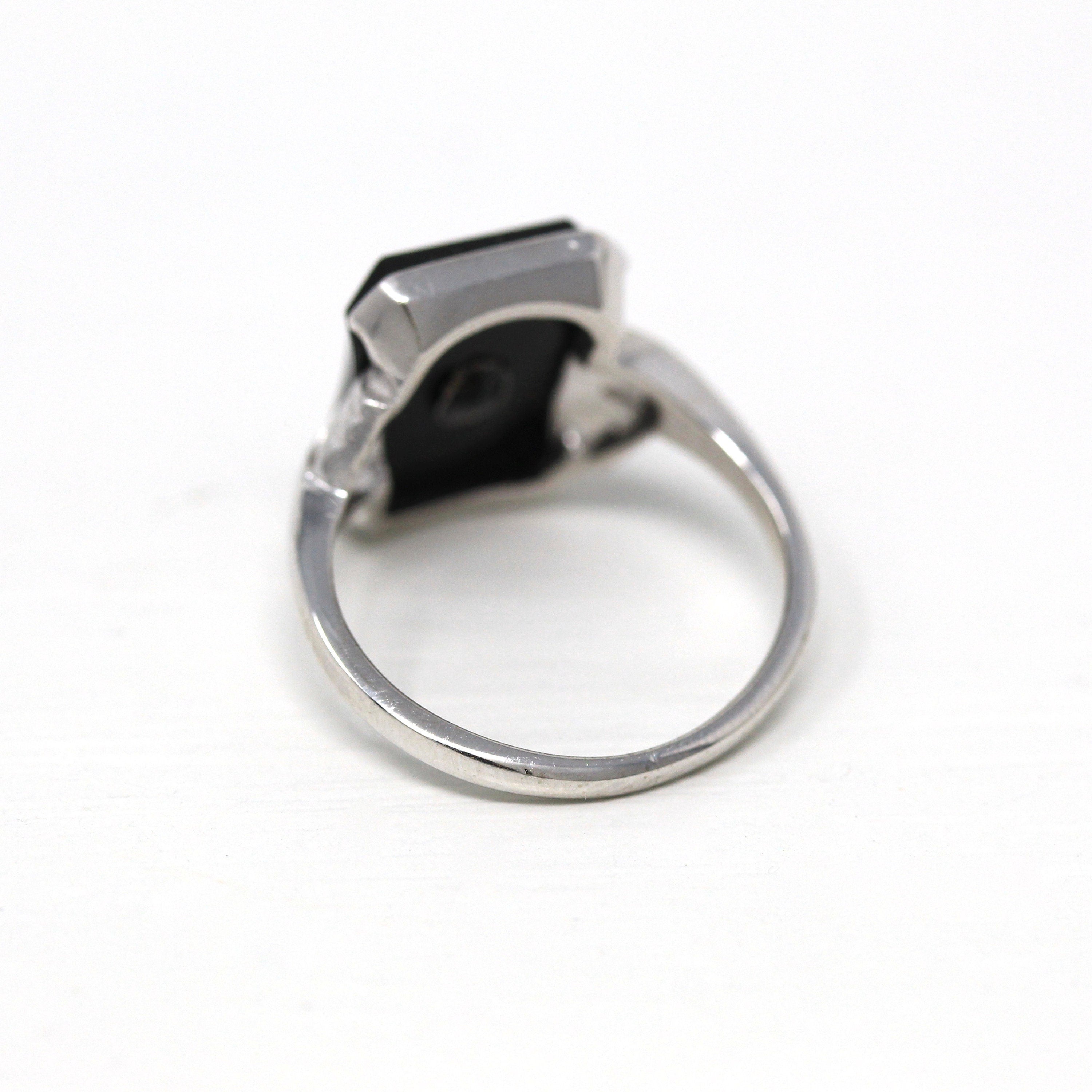 Vintage Onyx Ring - Mid Century 10k White Gold Genuine Diamond & Black Gem Statement - Circa 1950s Era Size 5.25 Gemstone Fine Jewelry