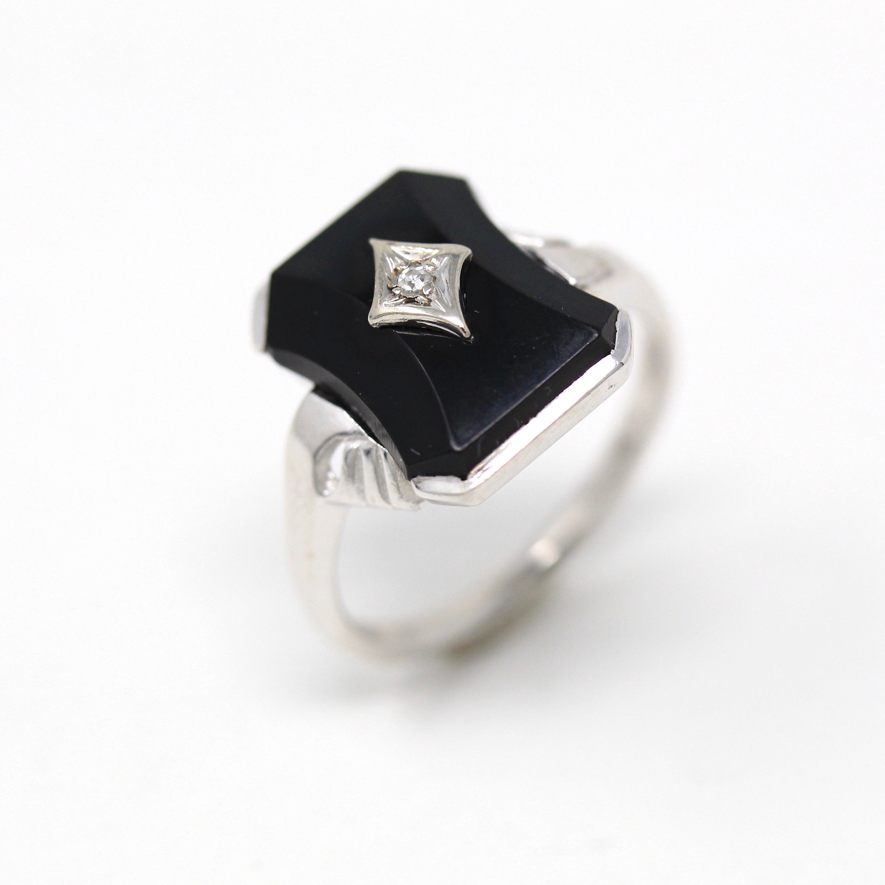 Vintage Onyx Ring - Mid Century 10k White Gold Genuine Diamond & Black Gem Statement - Circa 1950s Era Size 5.25 Gemstone Fine Jewelry