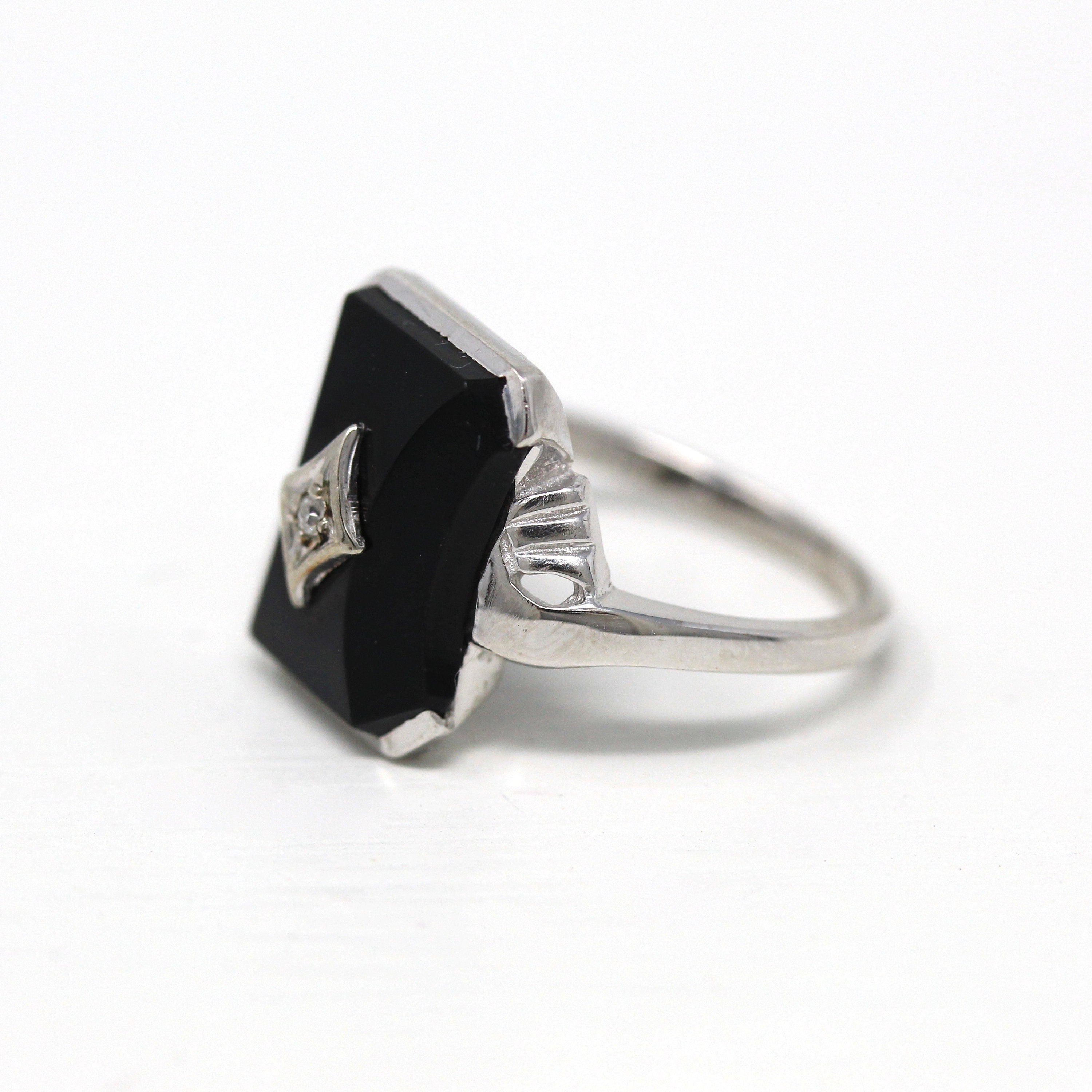 Vintage Onyx Ring - Mid Century 10k White Gold Genuine Diamond & Black Gem Statement - Circa 1950s Era Size 5.25 Gemstone Fine Jewelry