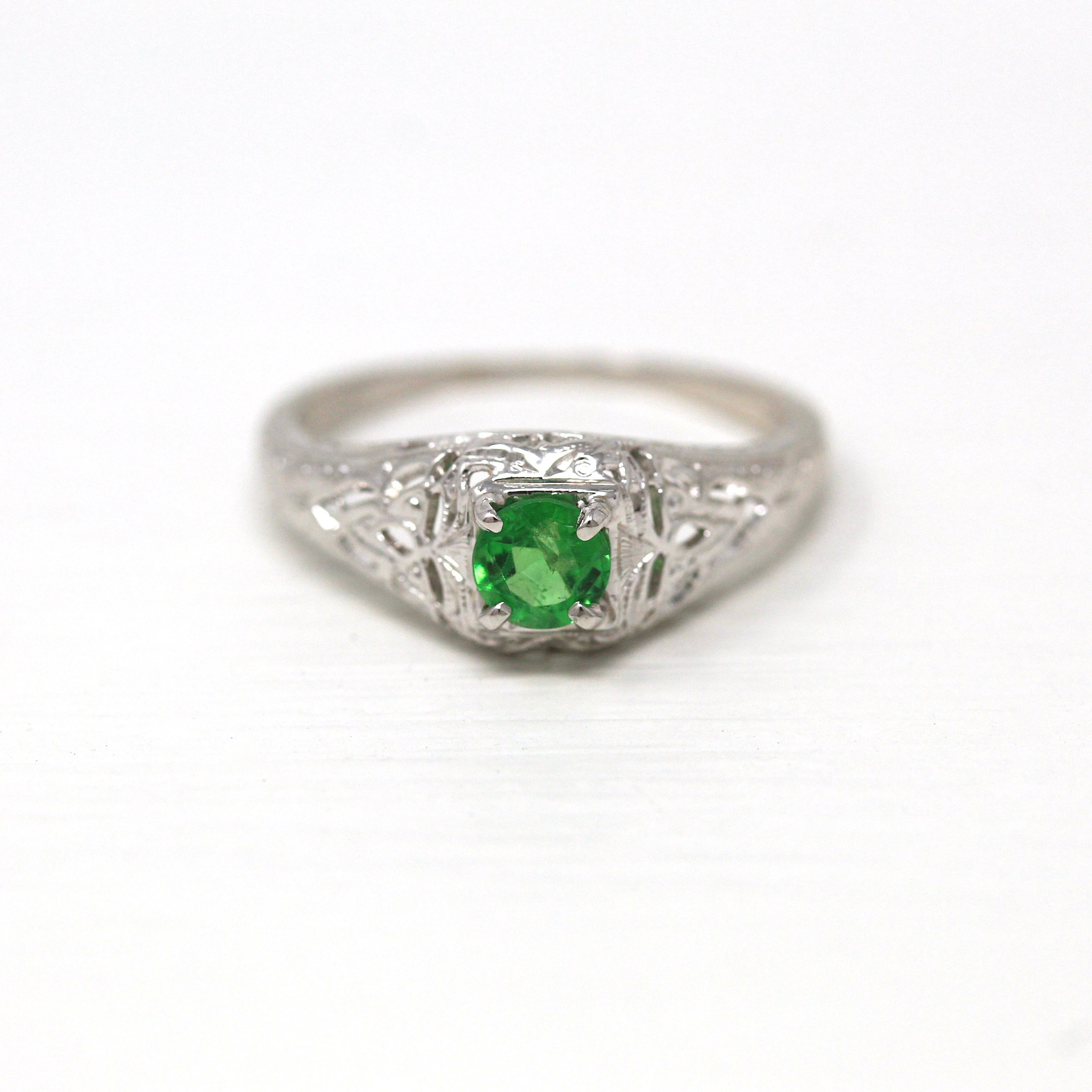 Genuine Green Garnet Ring - Art Deco 18k White Gold Filigree Round .36 CT Grossular Gem - Vintage Circa 1930s Size 5 1/4 Solitaire Jewelry