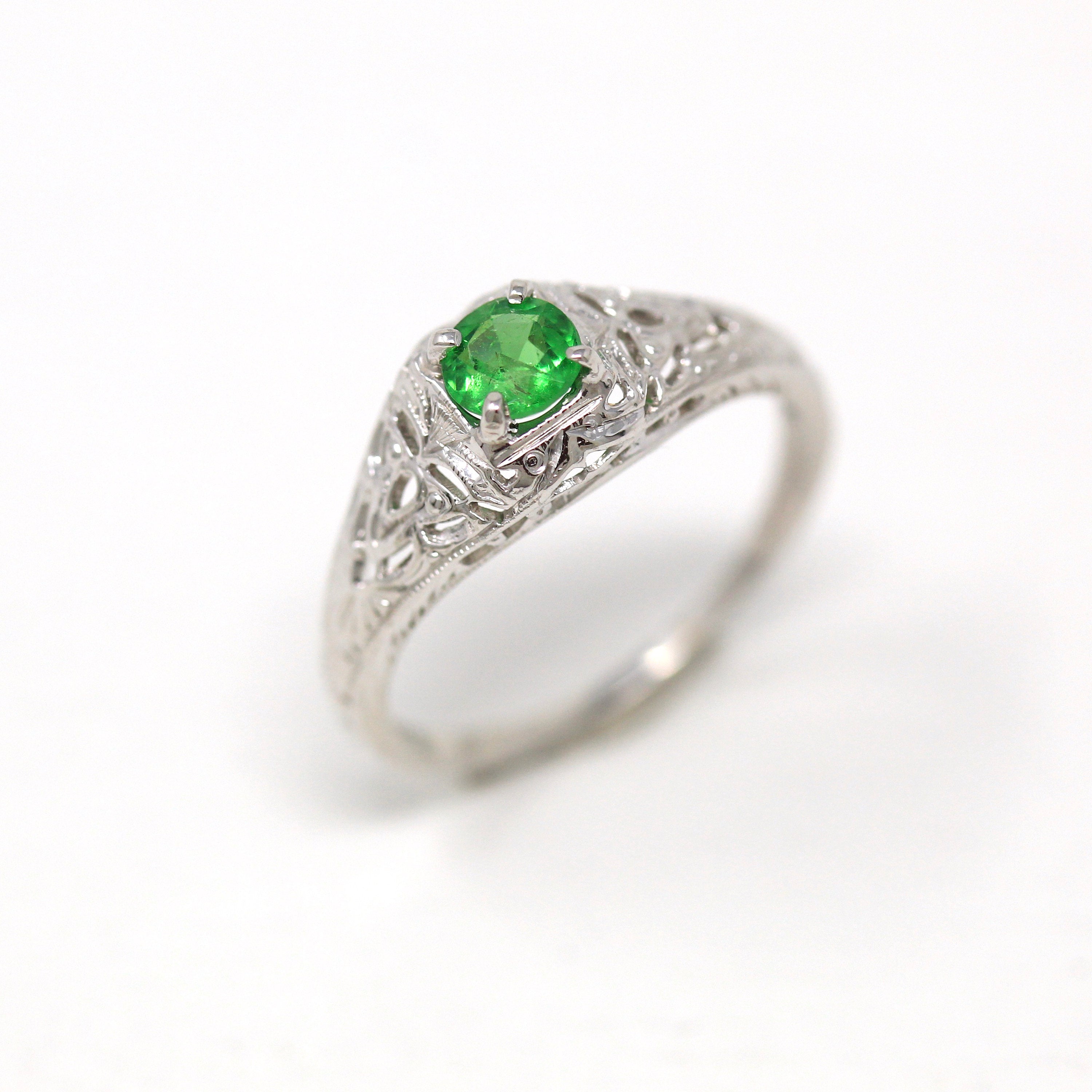 Genuine Green Garnet Ring - Art Deco 18k White Gold Filigree Round .36 CT Grossular Gem - Vintage Circa 1930s Size 5 1/4 Solitaire Jewelry