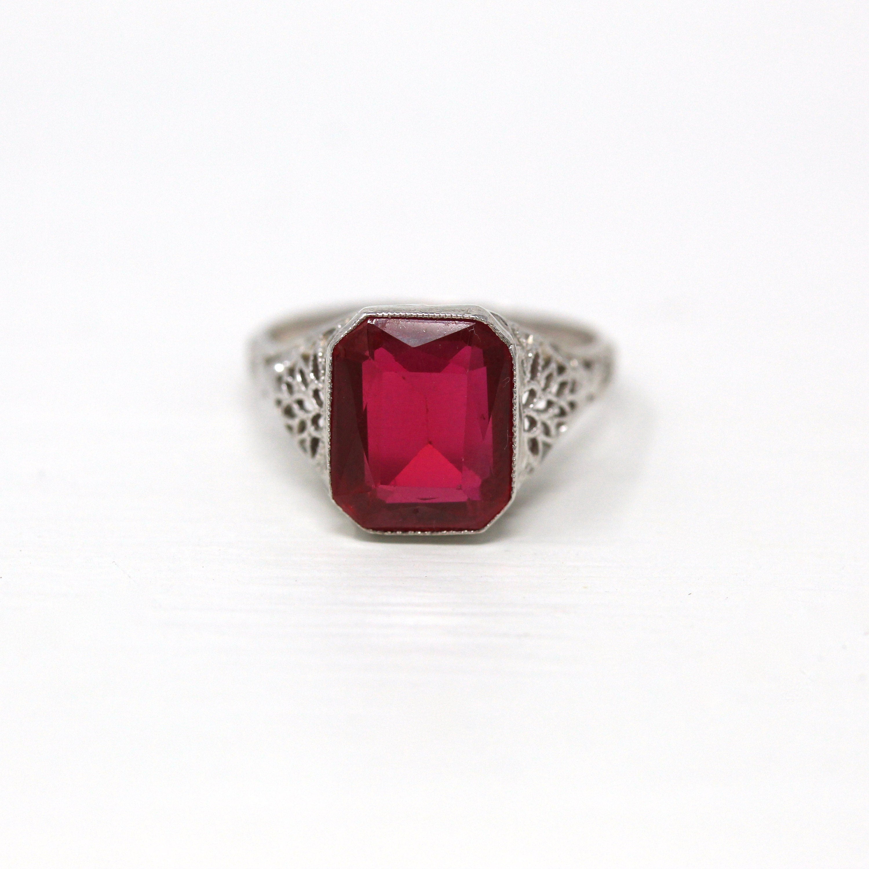 Created Ruby Ring - Art Deco 14k White Gold Filigree Faceted 3.27 CT Statement - Vintage 1930s Era Size 5 July Birthstone Fine Jewelry