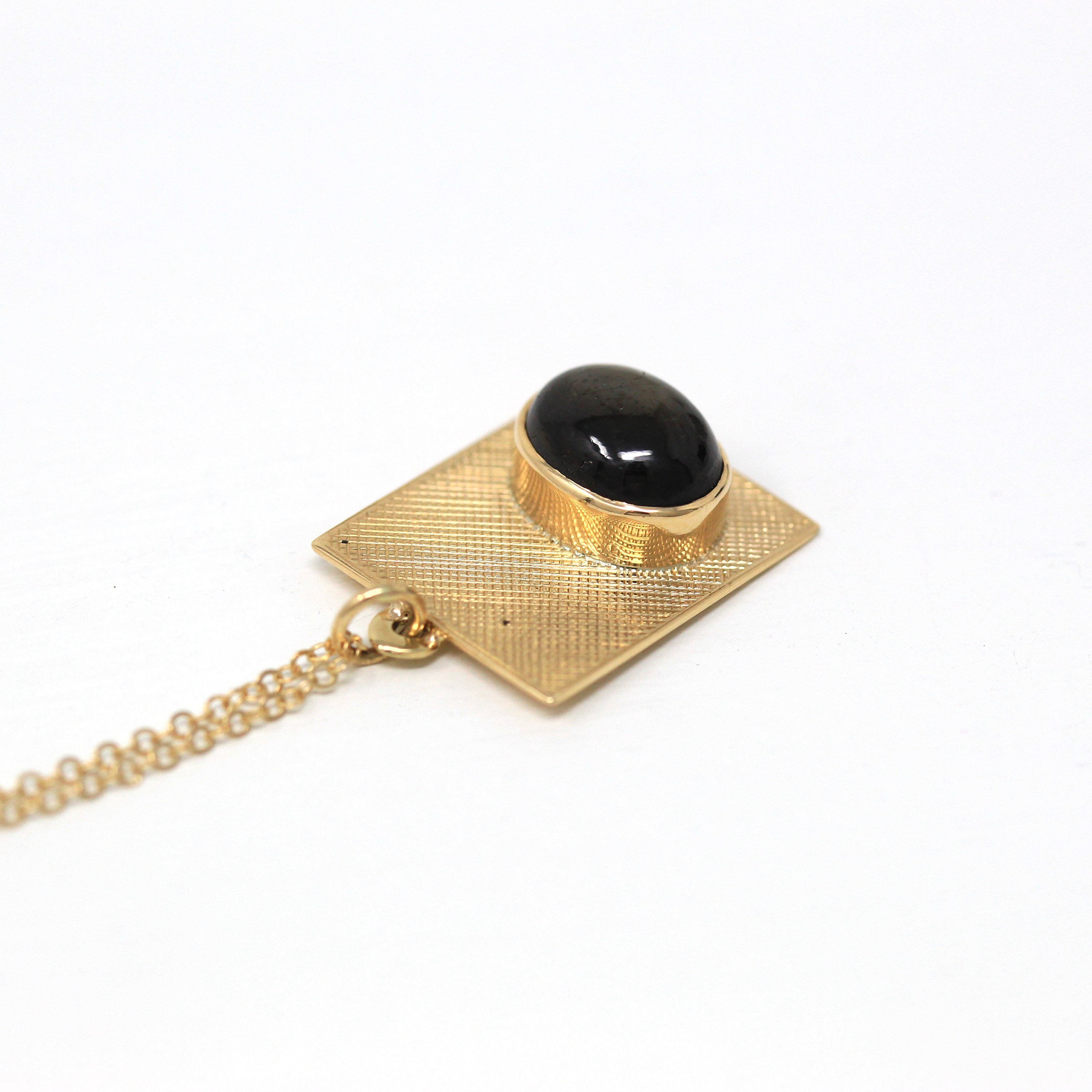 Black Star Sapphire Necklace - Retro 14k Yellow Gold Cabochon Cut Stone - Vintage Circa 1970s Era Pendant Rectangular Charm Fine 70s Jewelry