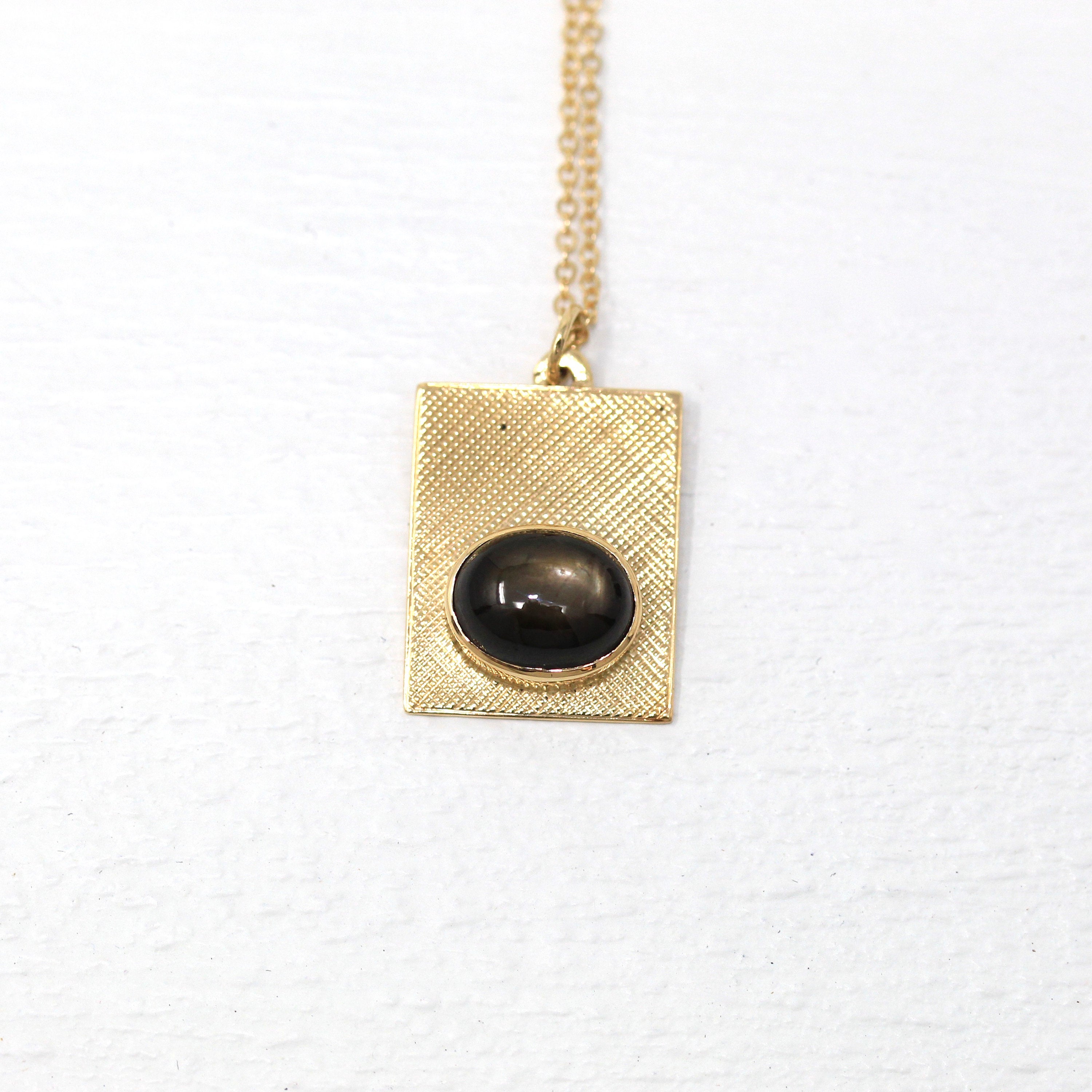 Black Star Sapphire Necklace - Retro 14k Yellow Gold Cabochon Cut Stone - Vintage Circa 1970s Era Pendant Rectangular Charm Fine 70s Jewelry