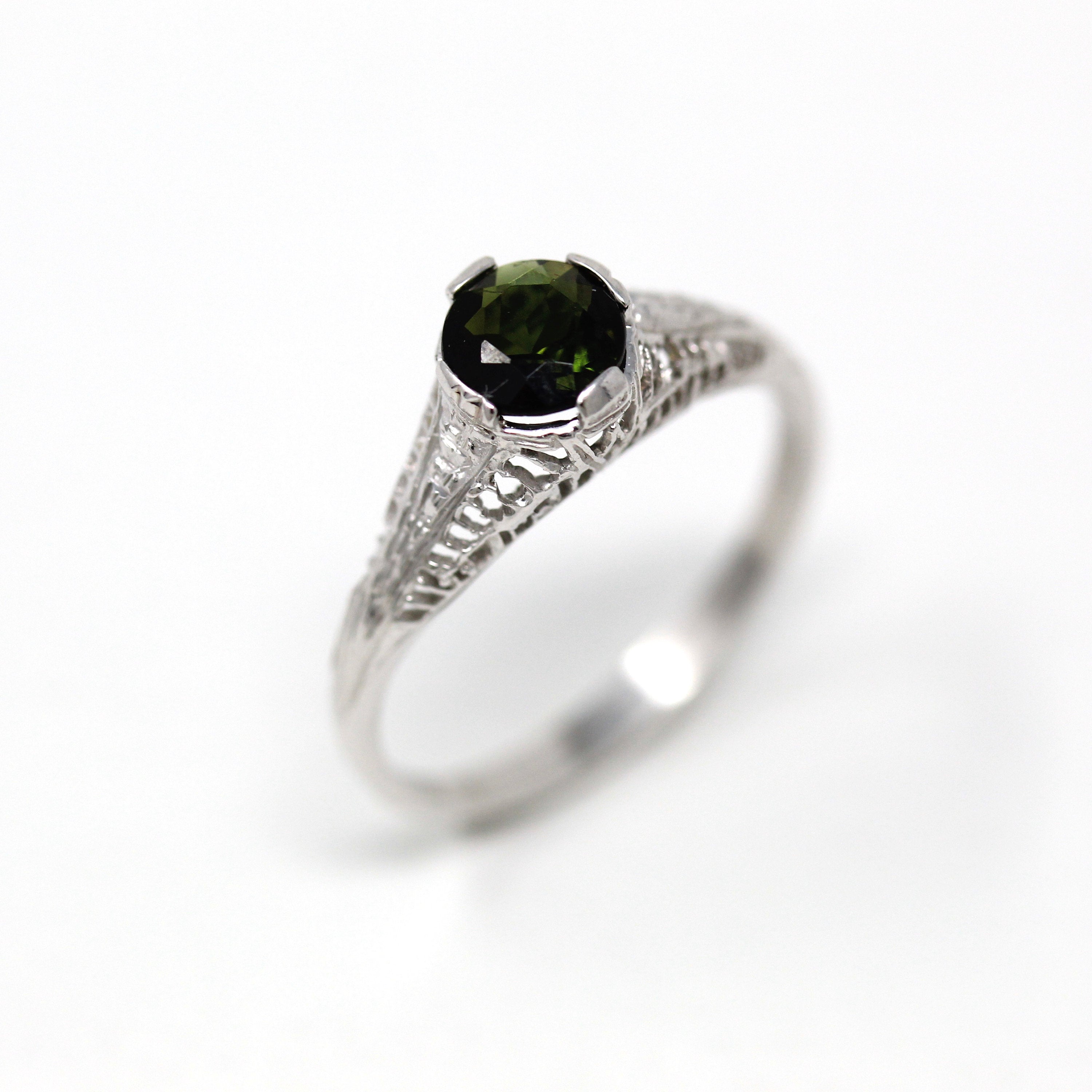 Green Tourmaline Ring - Vintage Art Deco 14k White Gold Dark Green .53 CT Gemstone - Antique 1920s Era Size 7.5 Filigree Fine Jewelry