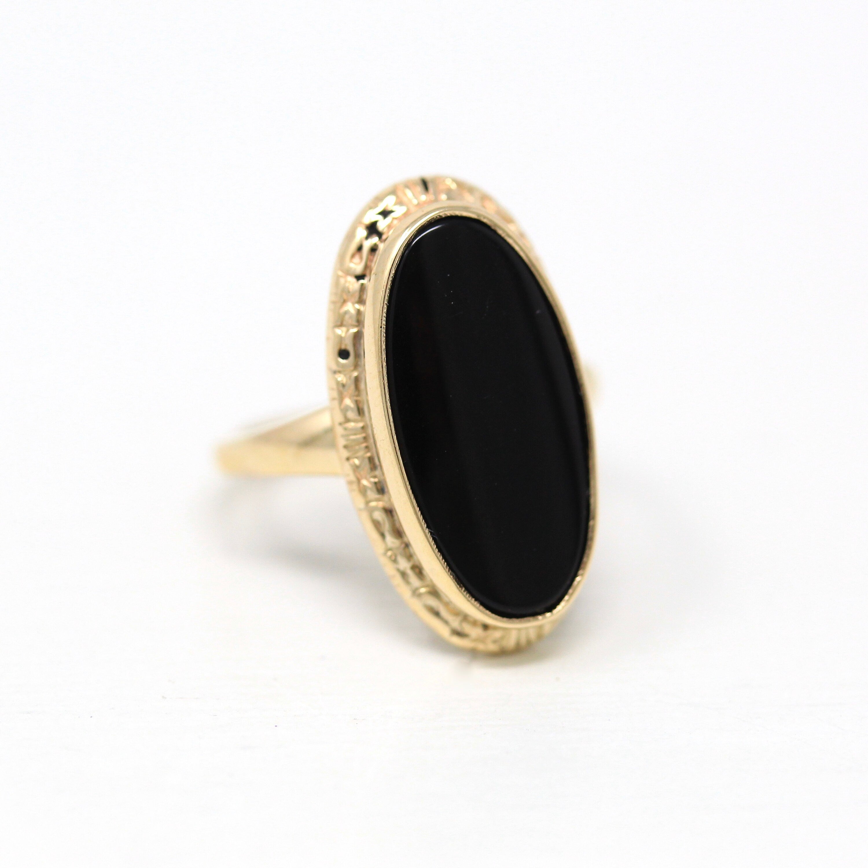 Vintage Onyx Ring - Retro 10k Yellow Gold Oval Genuine Black Gemstone Statement - Circa 1960s Era Size 2 1/4 Navette Pinky Midi Fine Jewelry