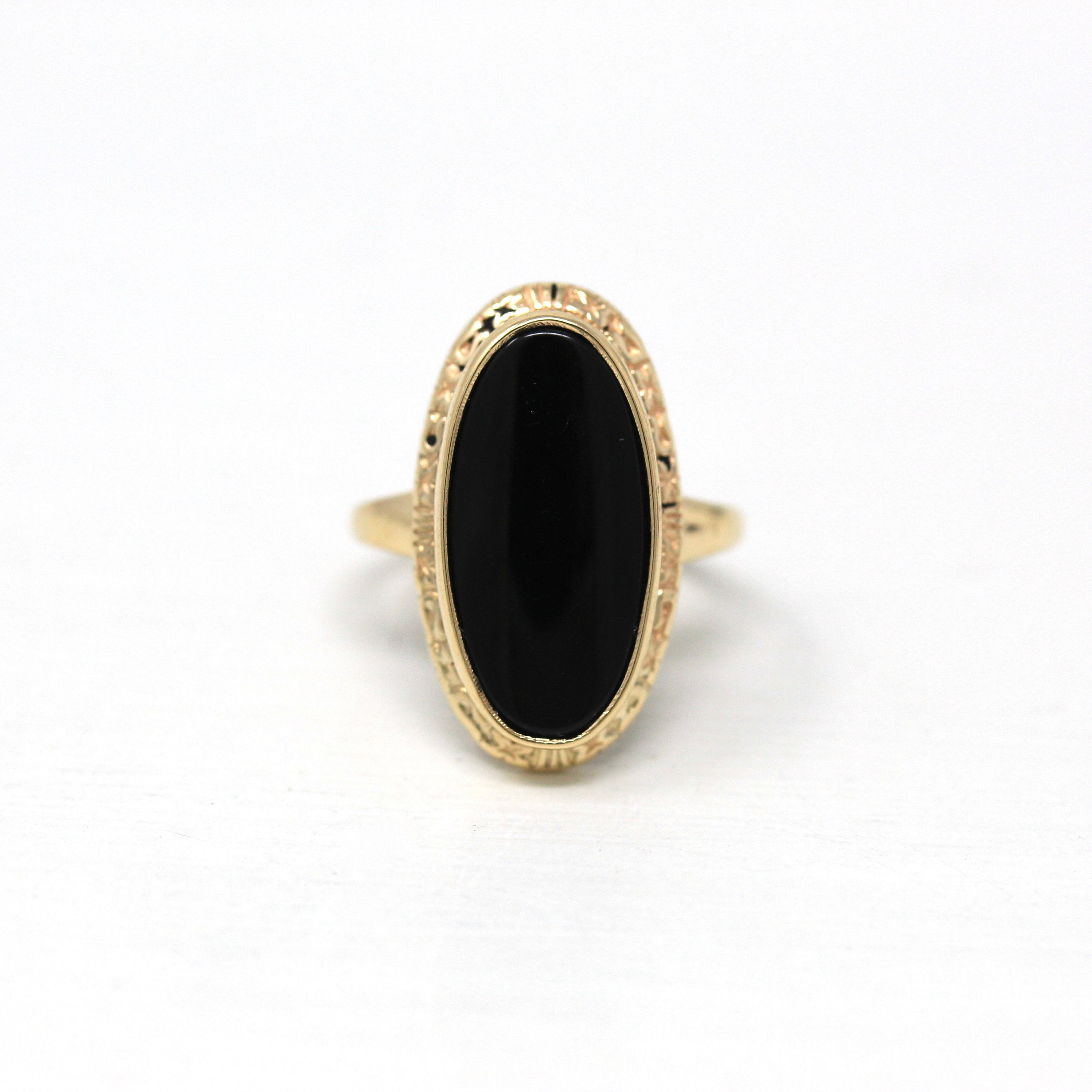 Vintage Onyx Ring - Retro 10k Yellow Gold Oval Genuine Black Gemstone Statement - Circa 1960s Era Size 2 1/4 Navette Pinky Midi Fine Jewelry