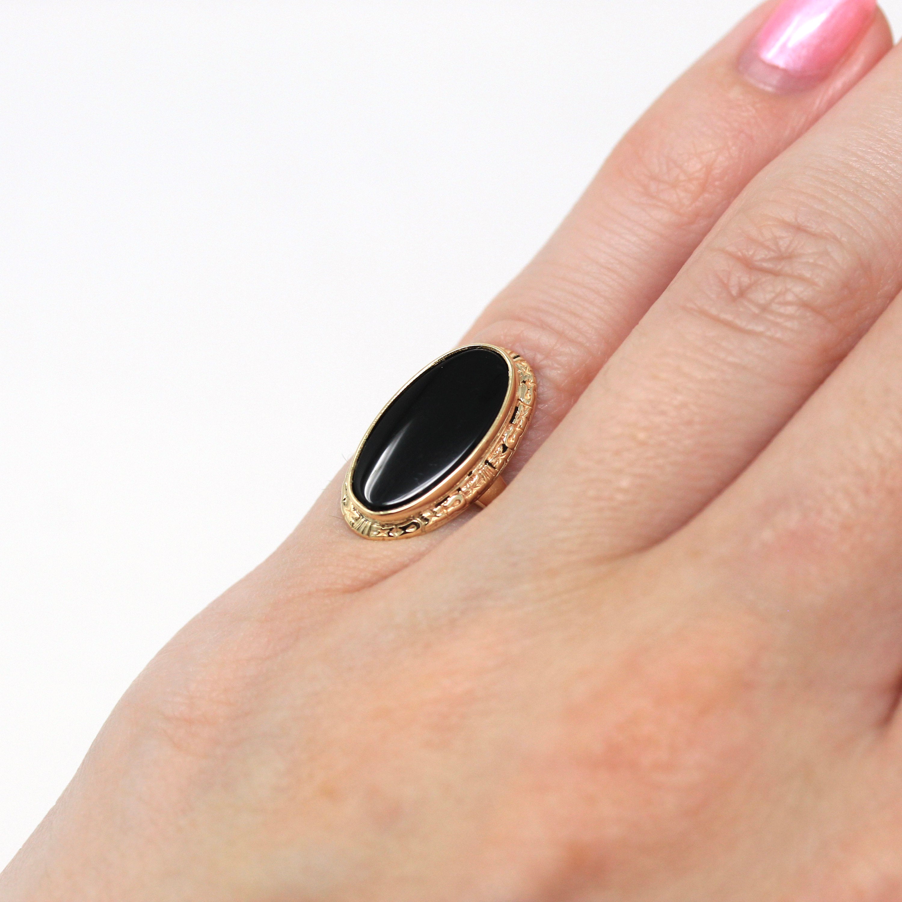 Vintage Onyx Ring - Retro 10k Yellow Gold Oval Genuine Black Gemstone Statement - Circa 1960s Era Size 2 1/4 Navette Pinky Midi Fine Jewelry