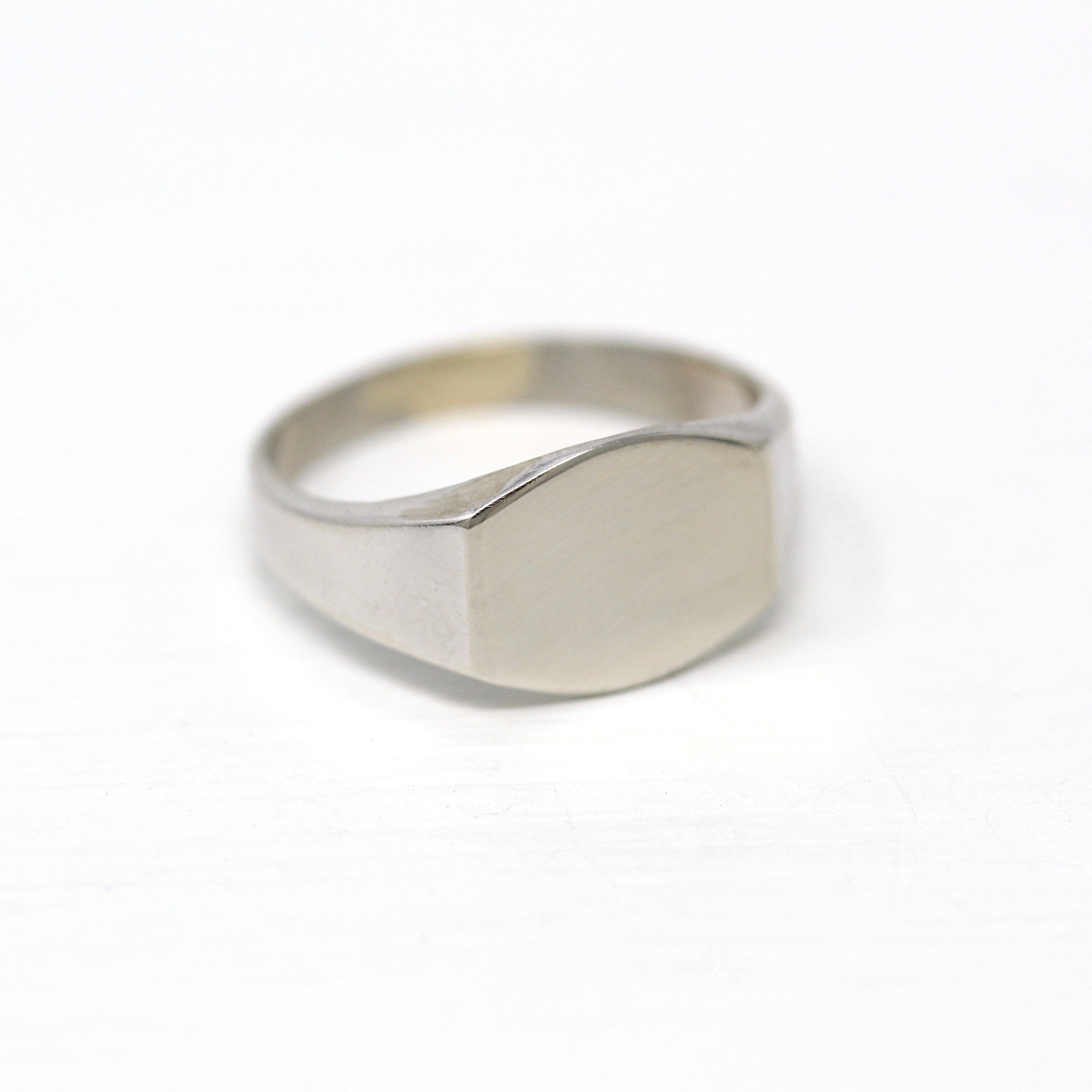 Blank Signet Ring - Retro 10k White Gold Statement Customizable Engrave Ring - Vintage Circa 1940s Era Size 5 3/4 Fine FM CO 40s Jewelry