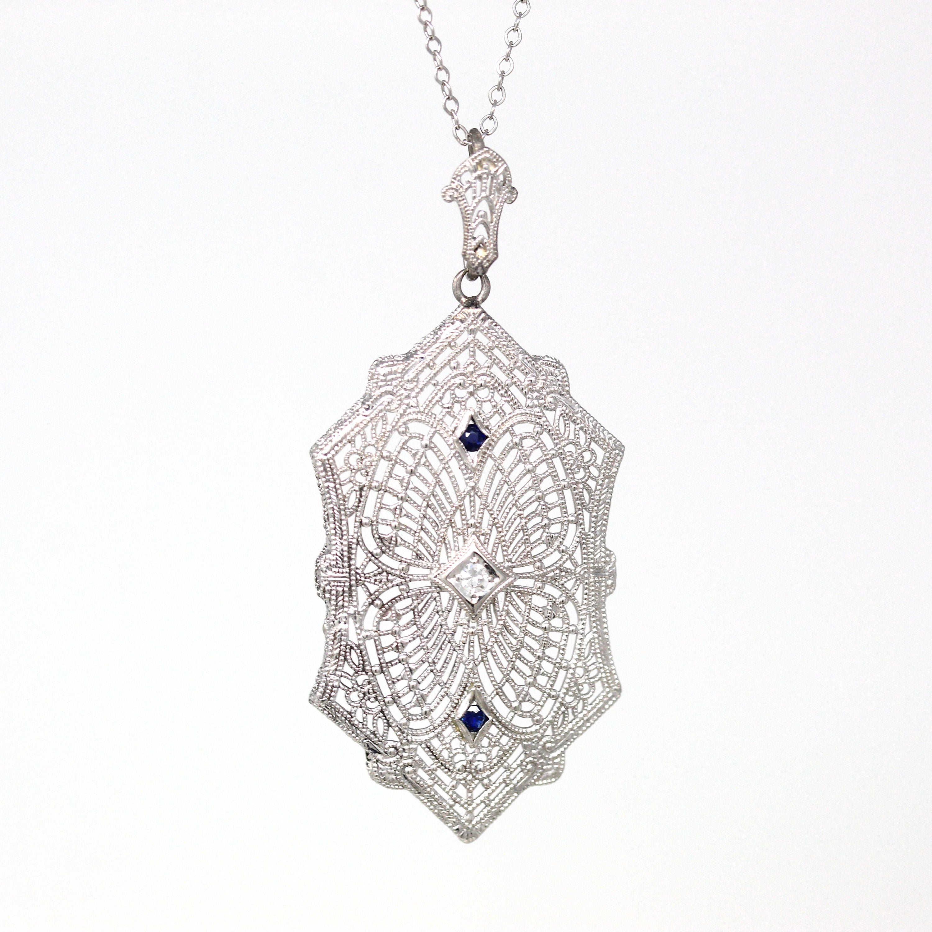 Art Deco Necklace - Vintage 14k White Gold Genuine Diamond & Sapphire Filigree Pendant Statement - 1930s Era Blue Gemstone Fine Jewelry