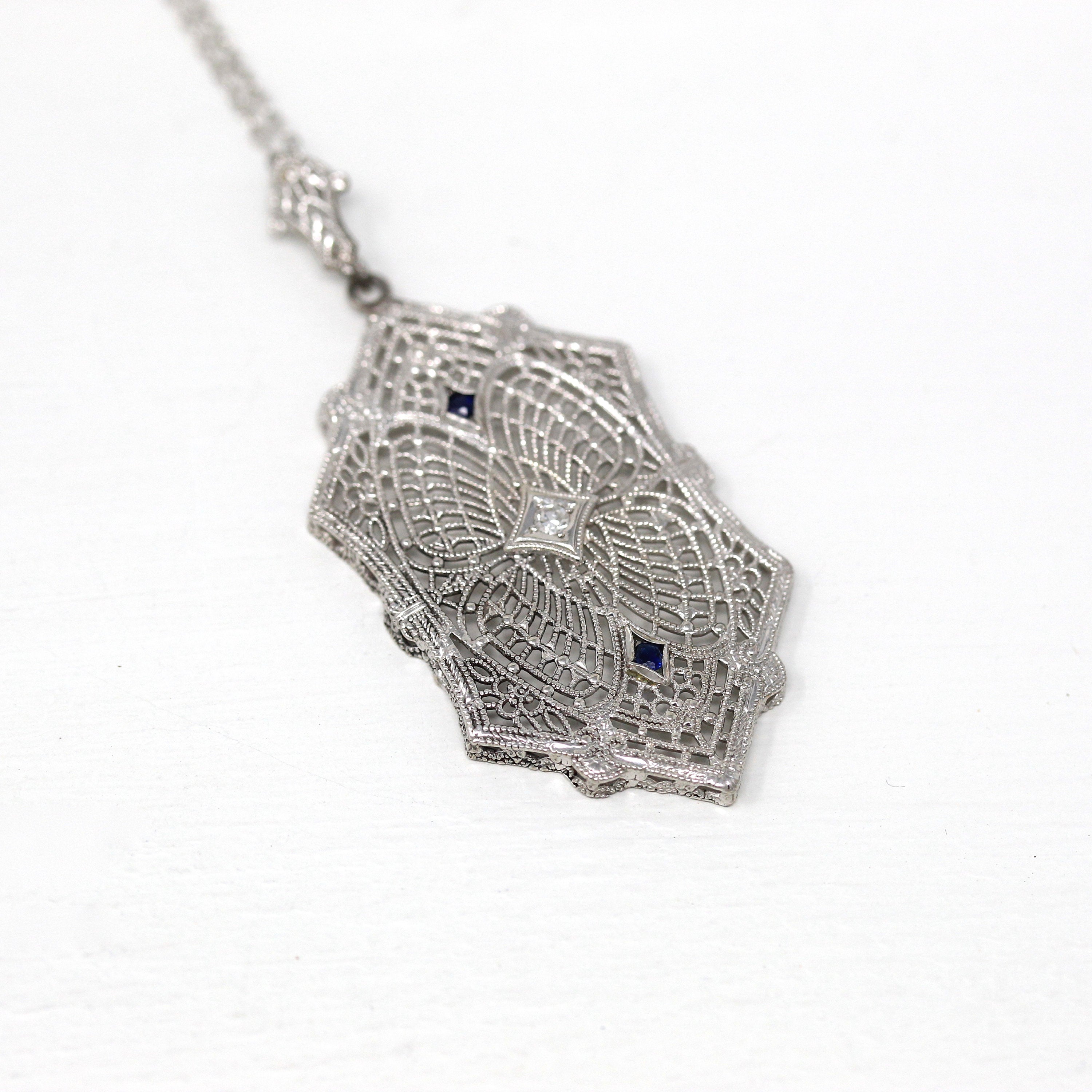 Art Deco Necklace - Vintage 14k White Gold Genuine Diamond & Sapphire Filigree Pendant Statement - 1930s Era Blue Gemstone Fine Jewelry