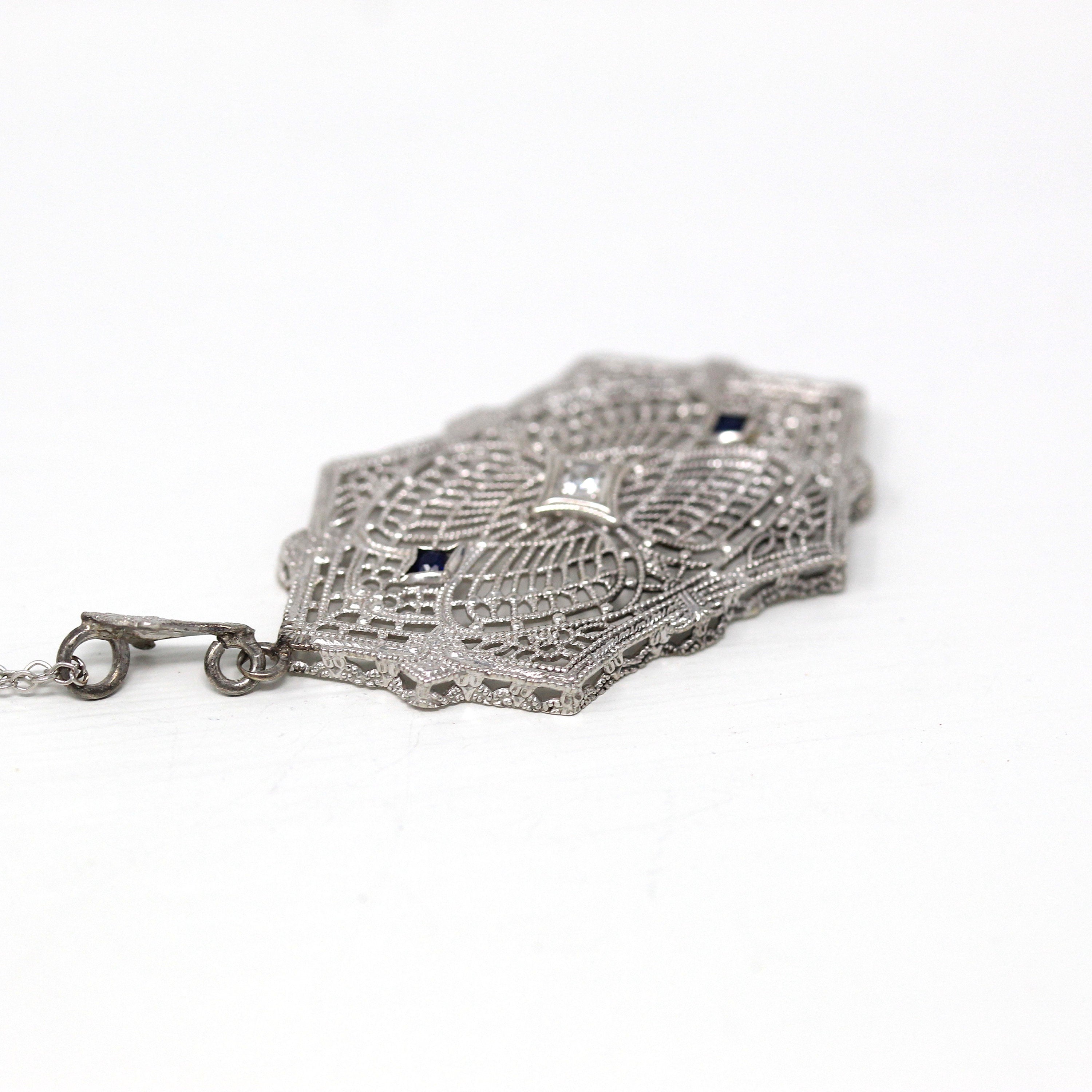 Art Deco Necklace - Vintage 14k White Gold Genuine Diamond & Sapphire Filigree Pendant Statement - 1930s Era Blue Gemstone Fine Jewelry