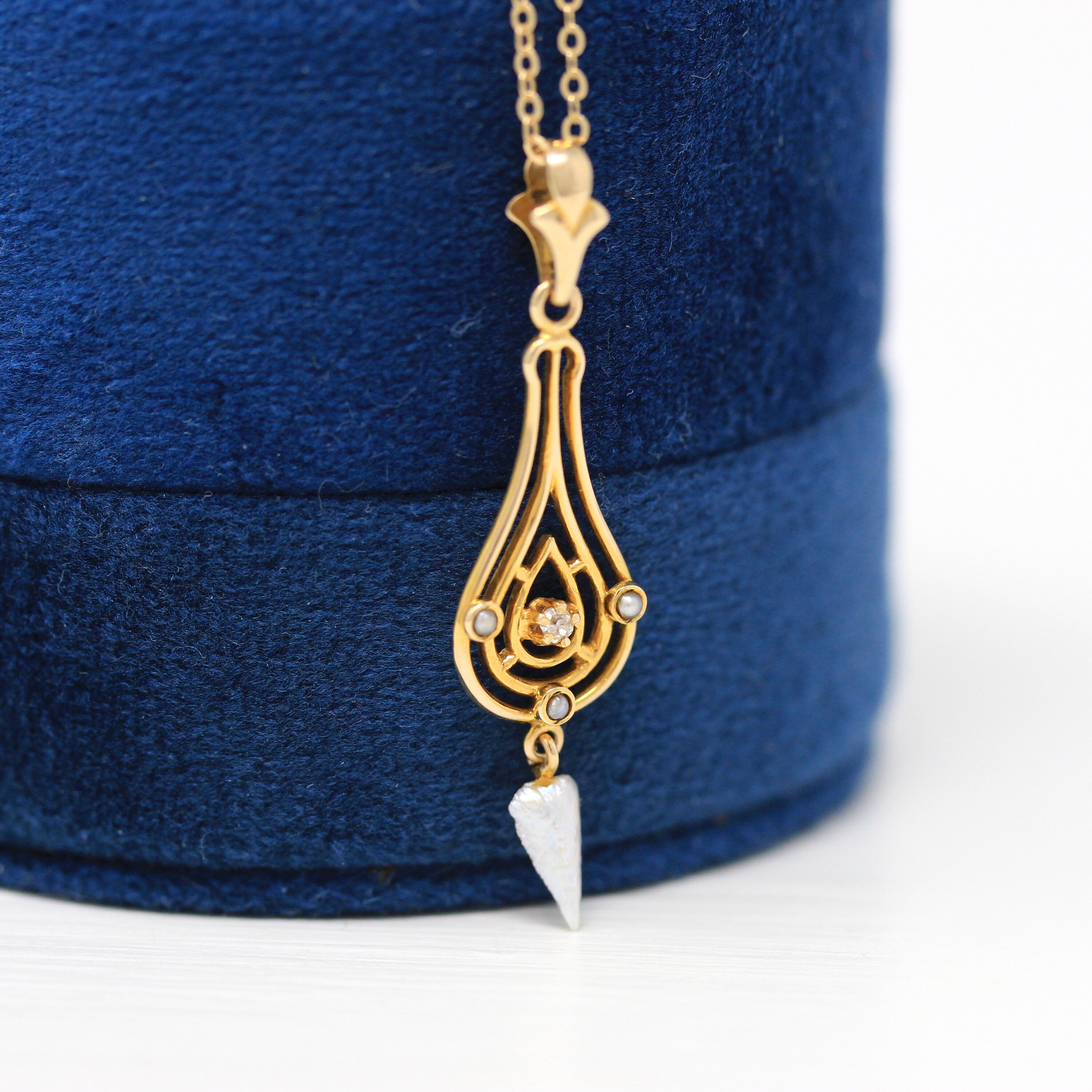 Antique Diamond Lavalier Edwardian 10k Yellow Gold Genuine .02 CT Gemstone Pendant Necklace Vintage 1910s Baroque Pearl Fine Jewelry