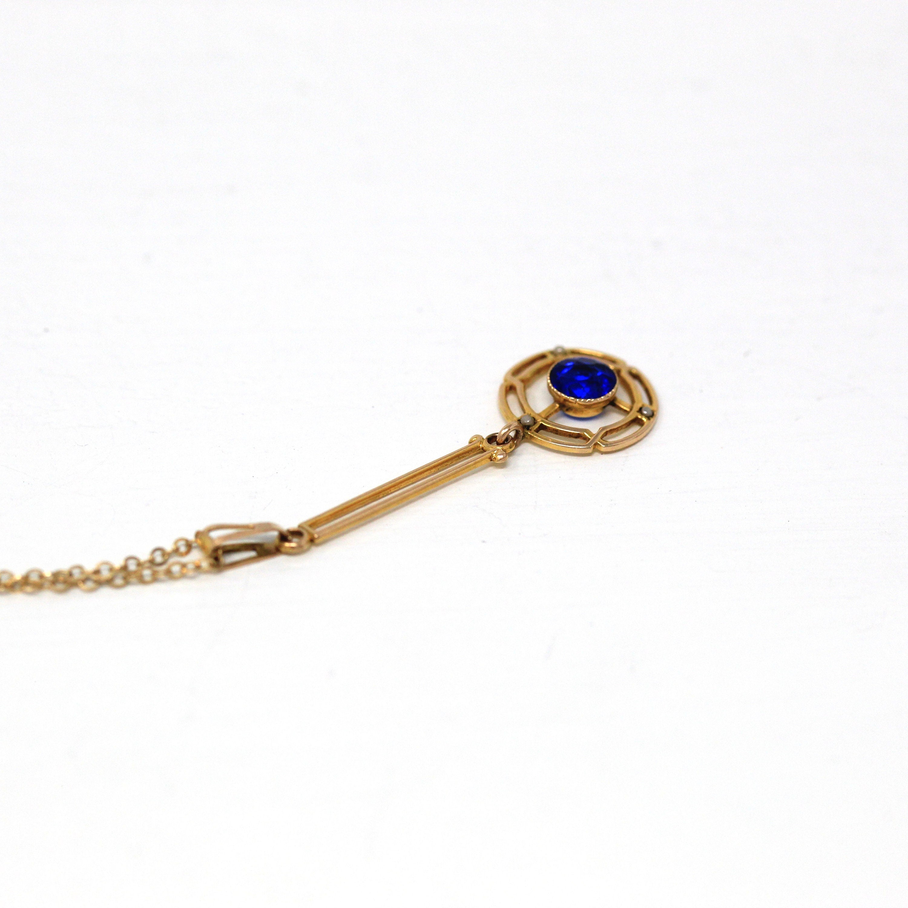 Antique Lavalier Necklace - Edwardian 10k Yellow Gold Simulated Blue Sapphire Pendant Charm - Vintage Circa 1910s Era Fine Pearl Jewelry