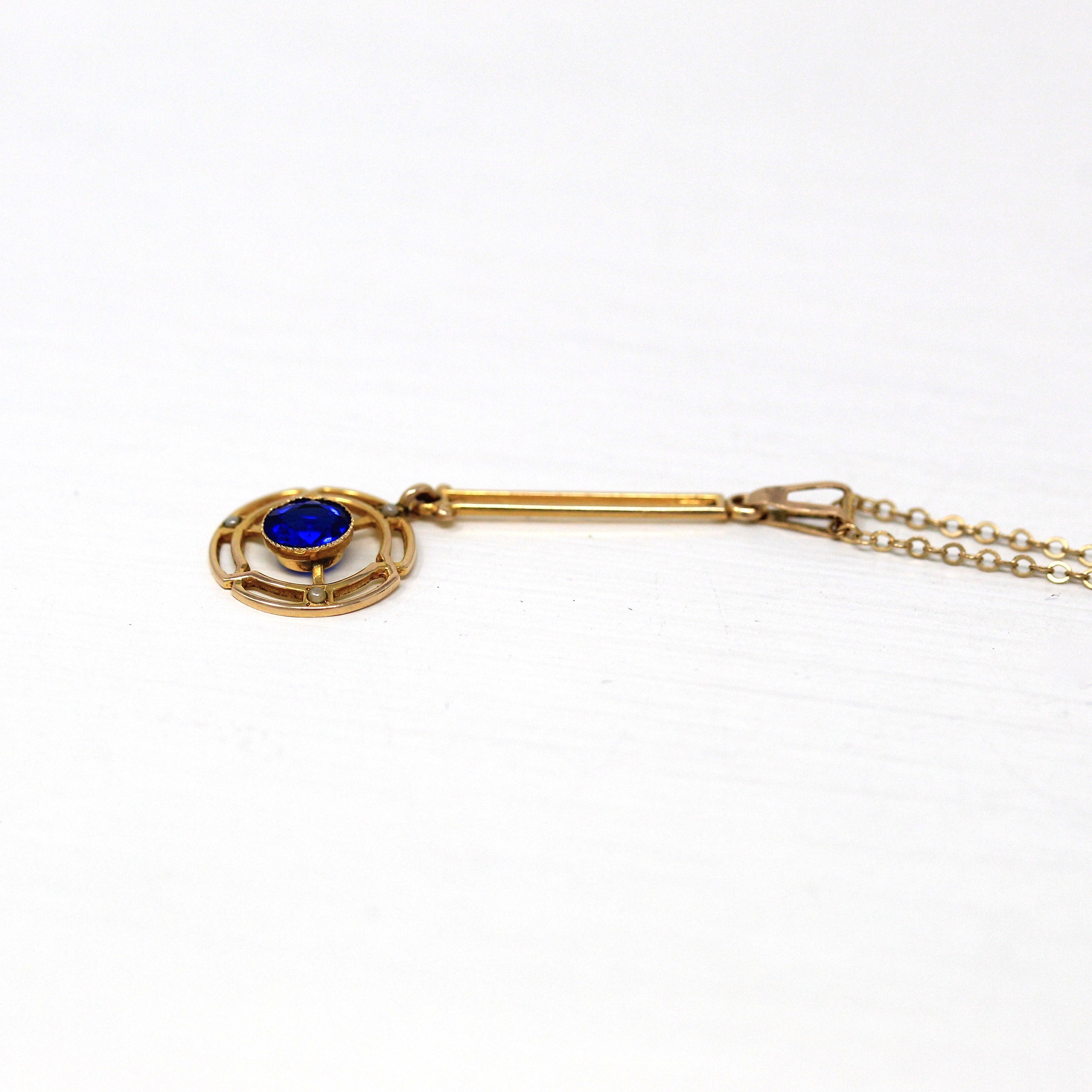 Antique Lavalier Necklace - Edwardian 10k Yellow Gold Simulated Blue Sapphire Pendant Charm - Vintage Circa 1910s Era Fine Pearl Jewelry