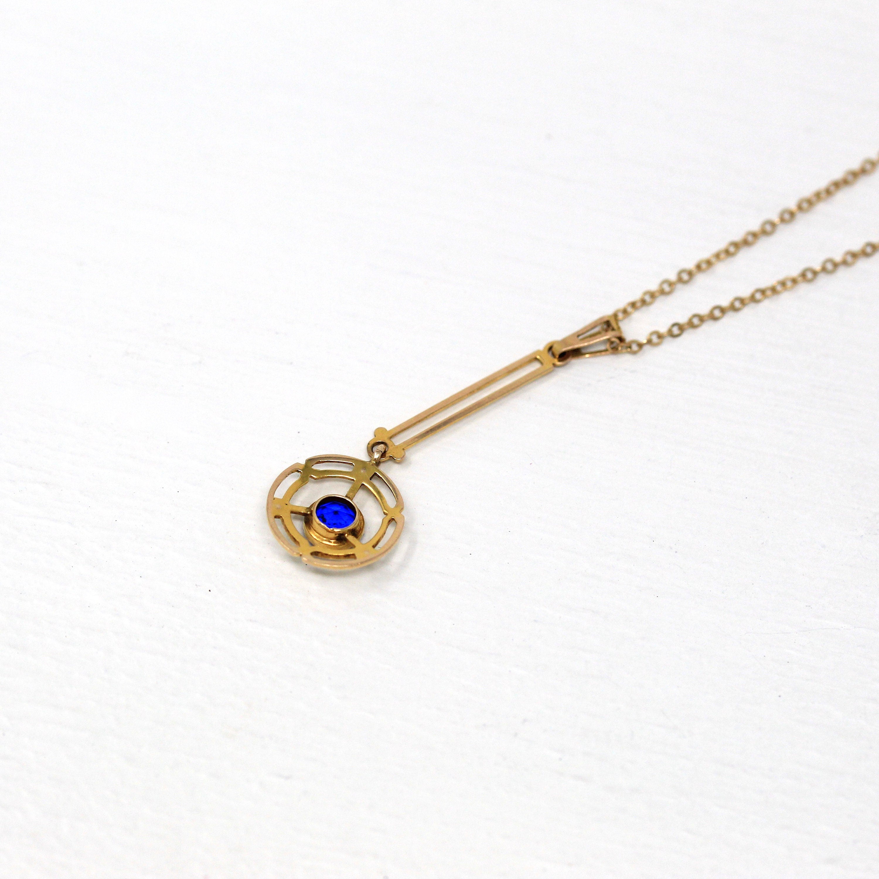 Antique Lavalier Necklace - Edwardian 10k Yellow Gold Simulated Blue Sapphire Pendant Charm - Vintage Circa 1910s Era Fine Pearl Jewelry