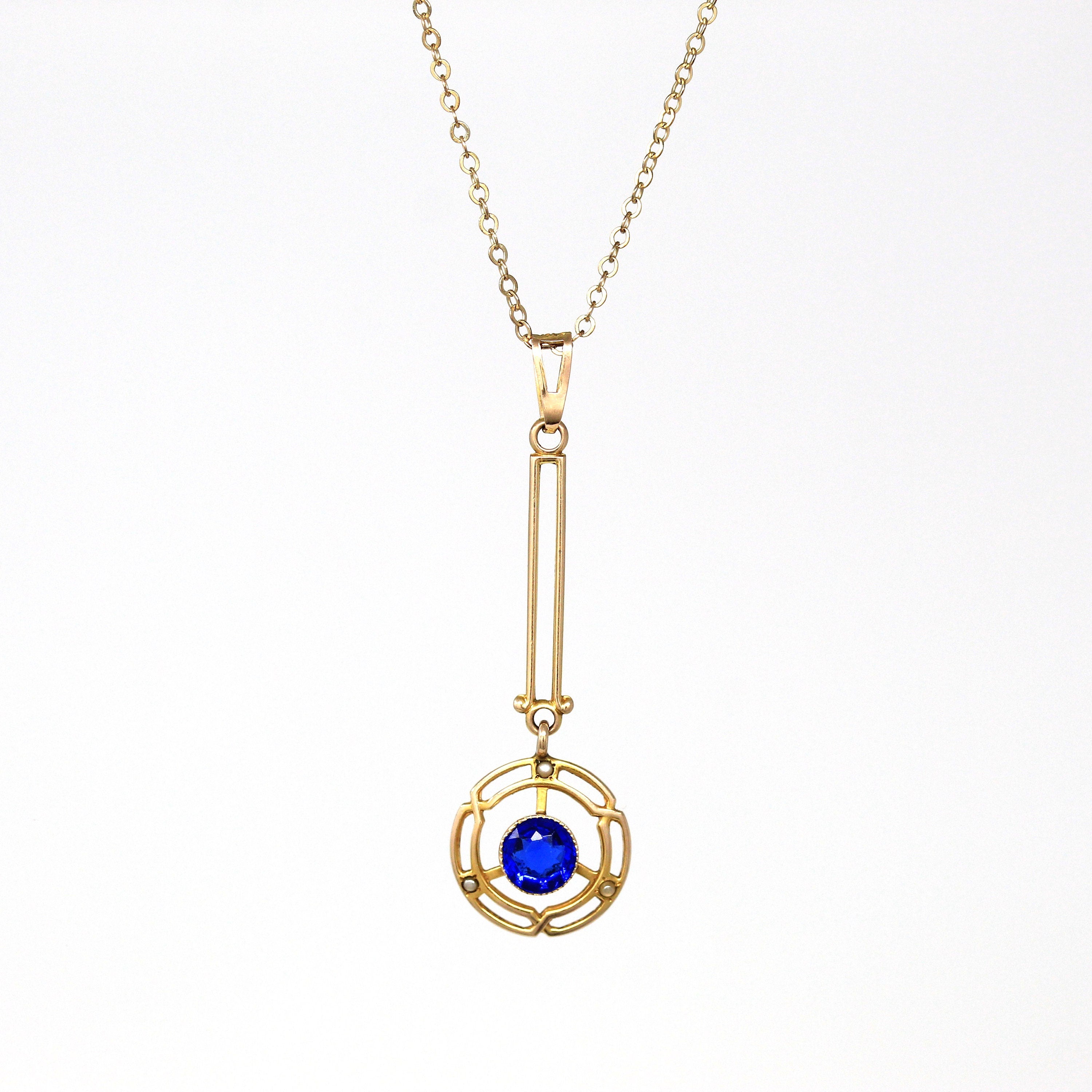 Antique Lavalier Necklace - Edwardian 10k Yellow Gold Simulated Blue Sapphire Pendant Charm - Vintage Circa 1910s Era Fine Pearl Jewelry