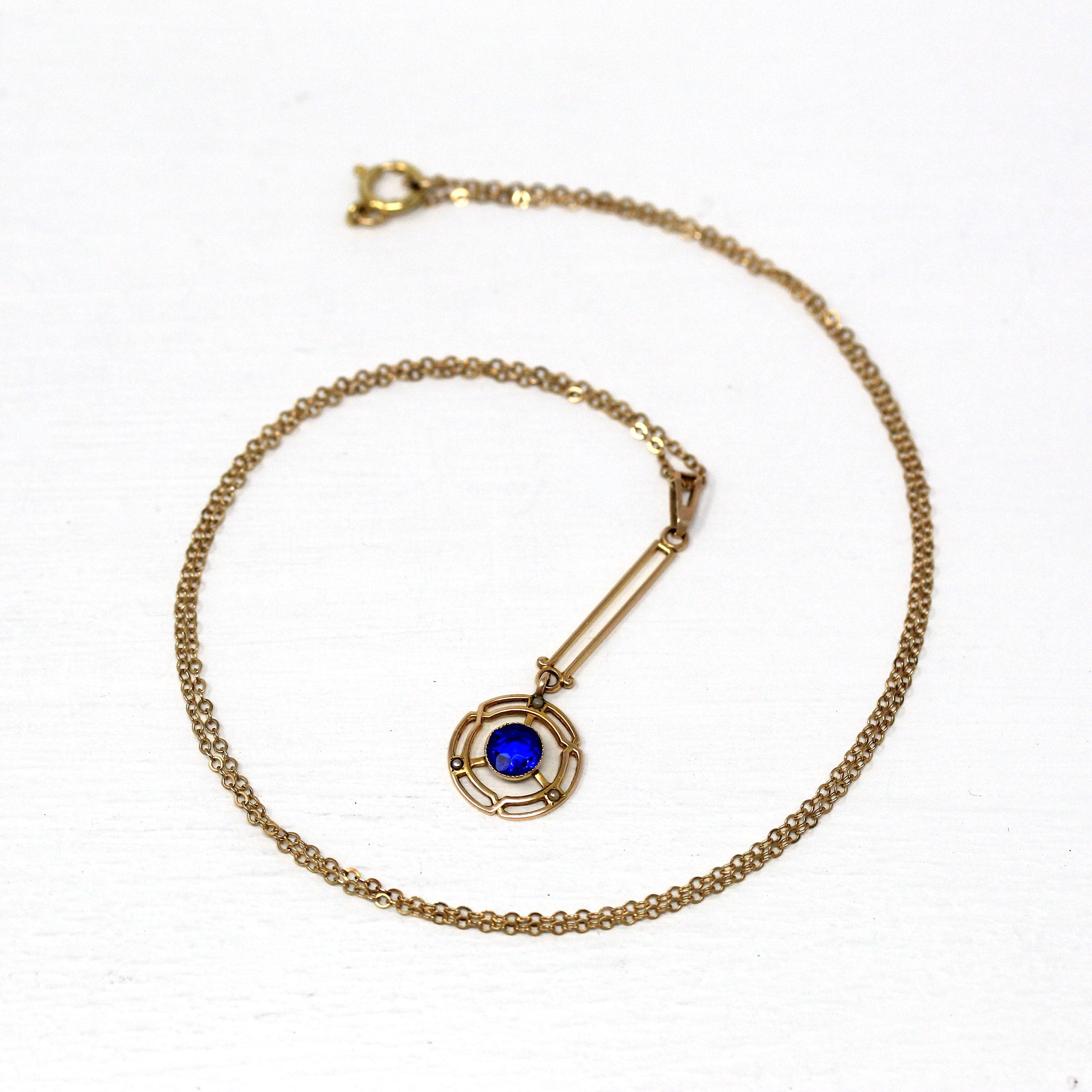 Antique Lavalier Necklace - Edwardian 10k Yellow Gold Simulated Blue Sapphire Pendant Charm - Vintage Circa 1910s Era Fine Pearl Jewelry