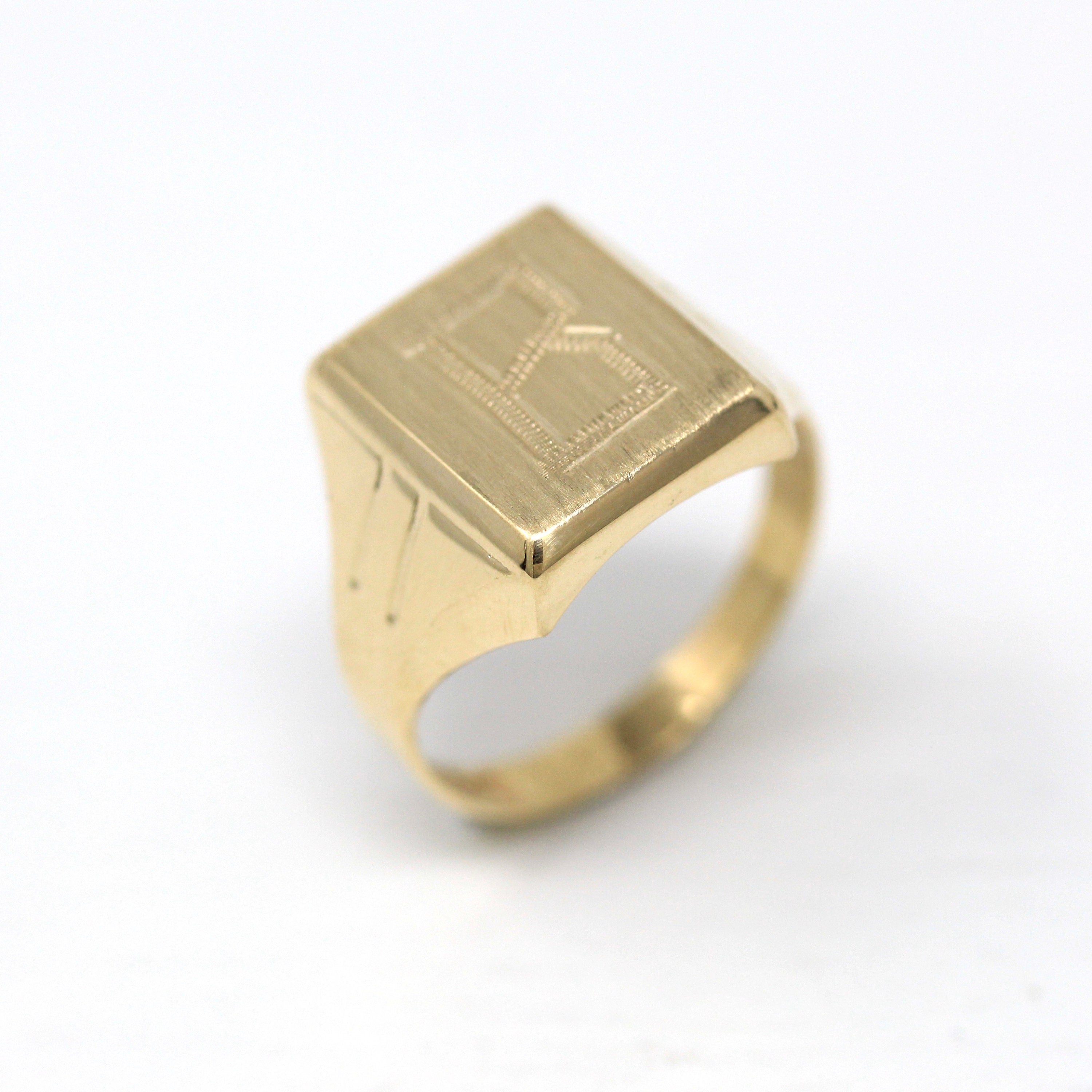 Letter "B" Ring - Vintage 10k Yellow Gold Engraved Single Initial Statement Signet - Retro Circa 1960s Size 7 3/4 Statement Dason Jewelry