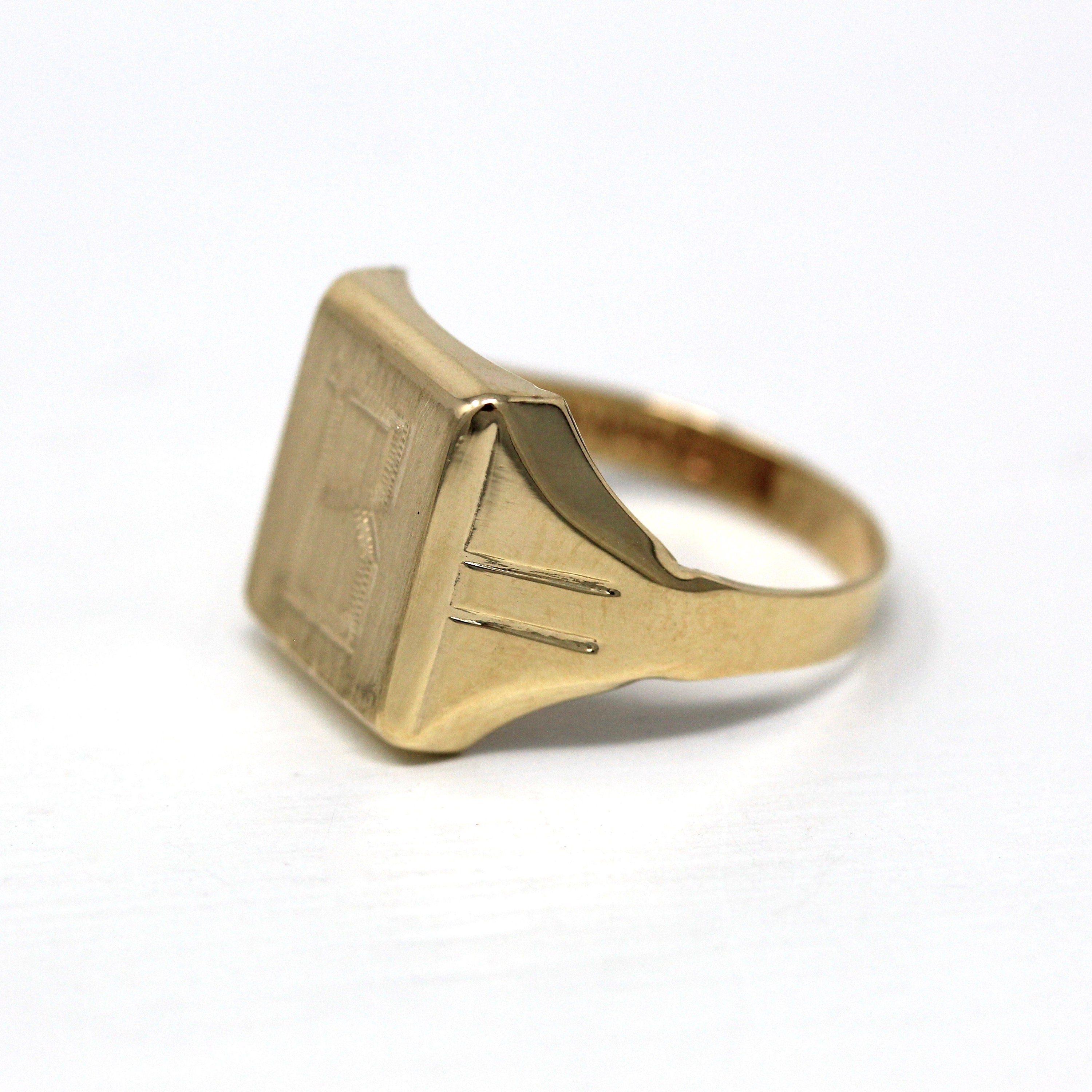 Letter "B" Ring - Vintage 10k Yellow Gold Engraved Single Initial Statement Signet - Retro Circa 1960s Size 7 3/4 Statement Dason Jewelry