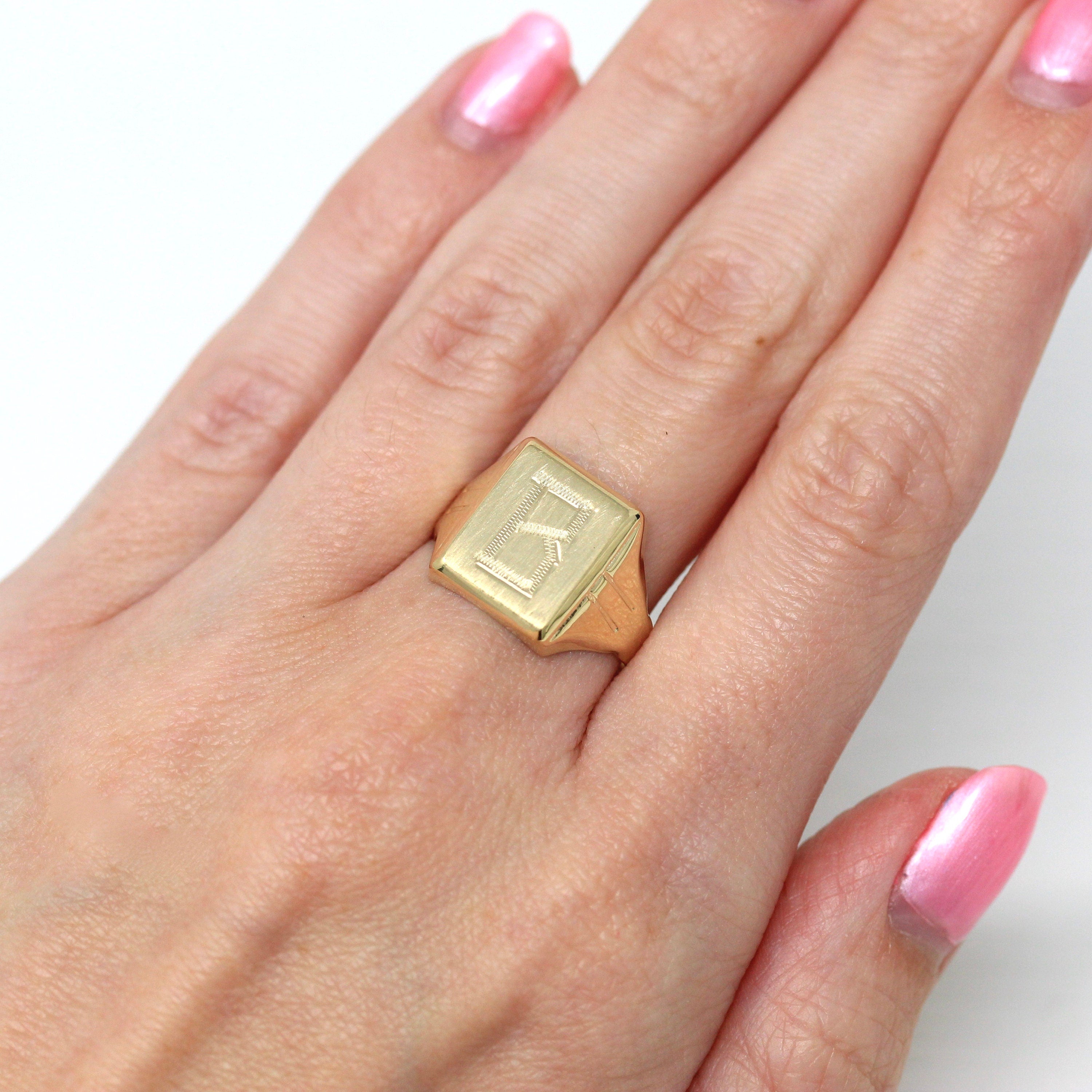 Letter "B" Ring - Vintage 10k Yellow Gold Engraved Single Initial Statement Signet - Retro Circa 1960s Size 7 3/4 Statement Dason Jewelry