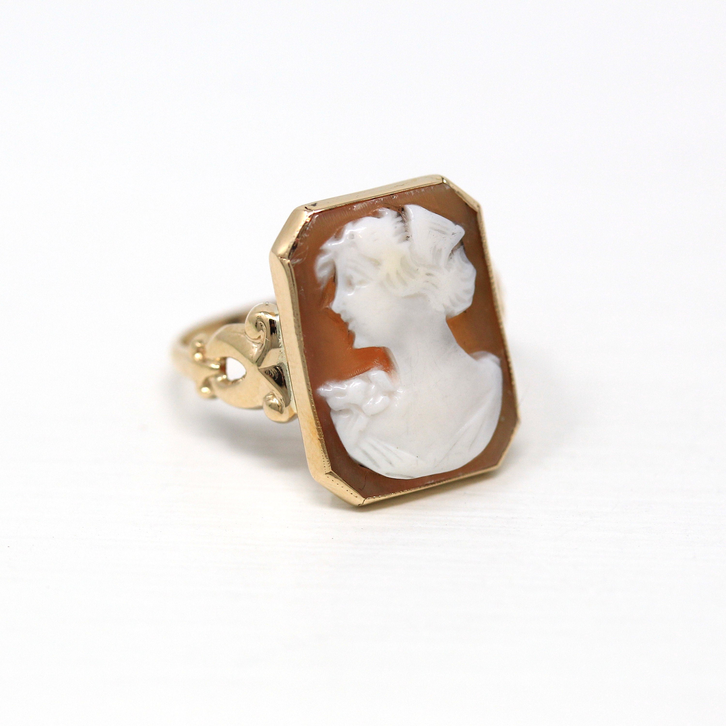 Vintage Cameo Ring - Retro 10k Yellow Gold Carved Shell Woman's Profile Silhouette - Circa 1940s Era Size 6 1/2 Statement Fine 40s Jewelry