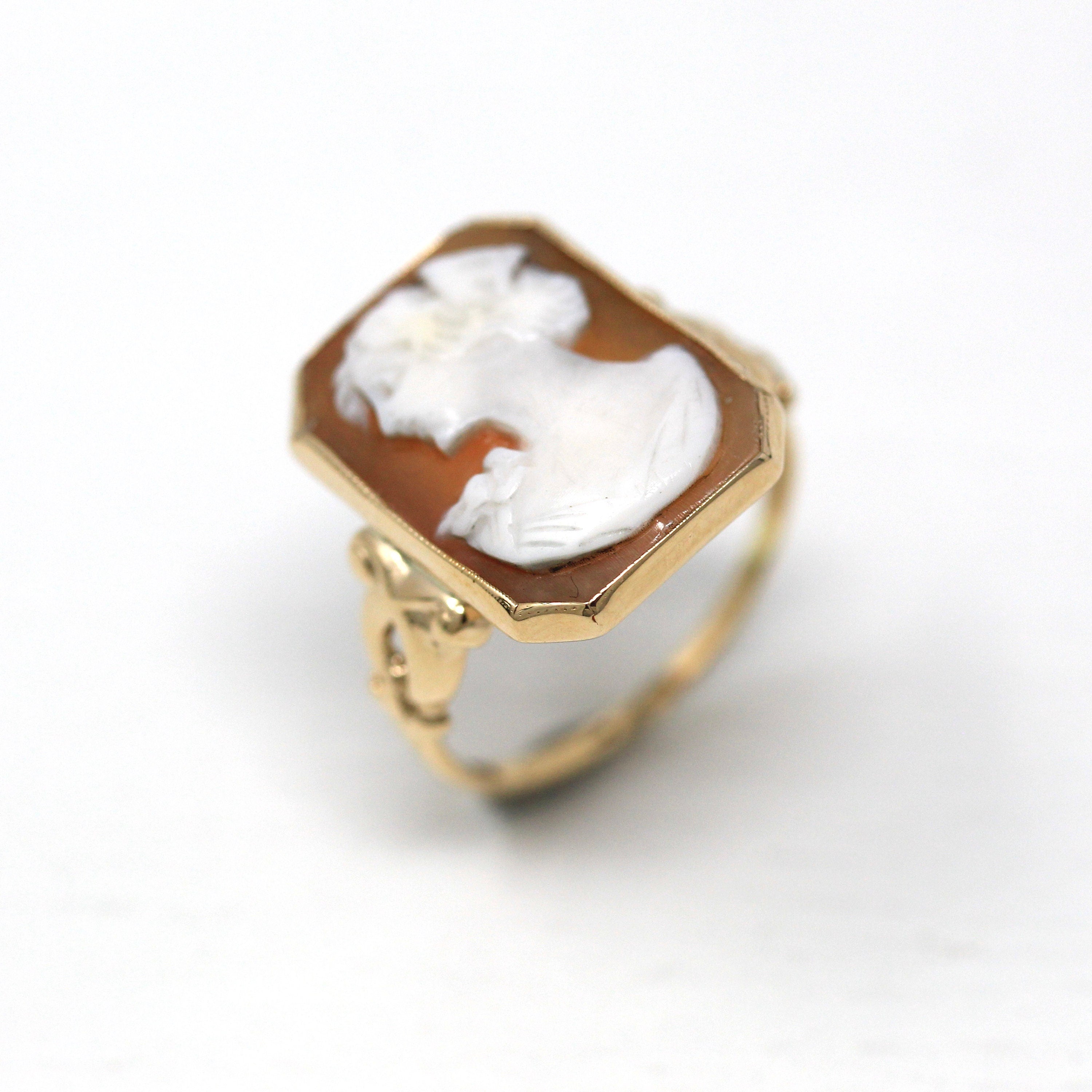 Vintage Cameo Ring - Retro 10k Yellow Gold Carved Shell Woman's Profile Silhouette - Circa 1940s Era Size 6 1/2 Statement Fine 40s Jewelry