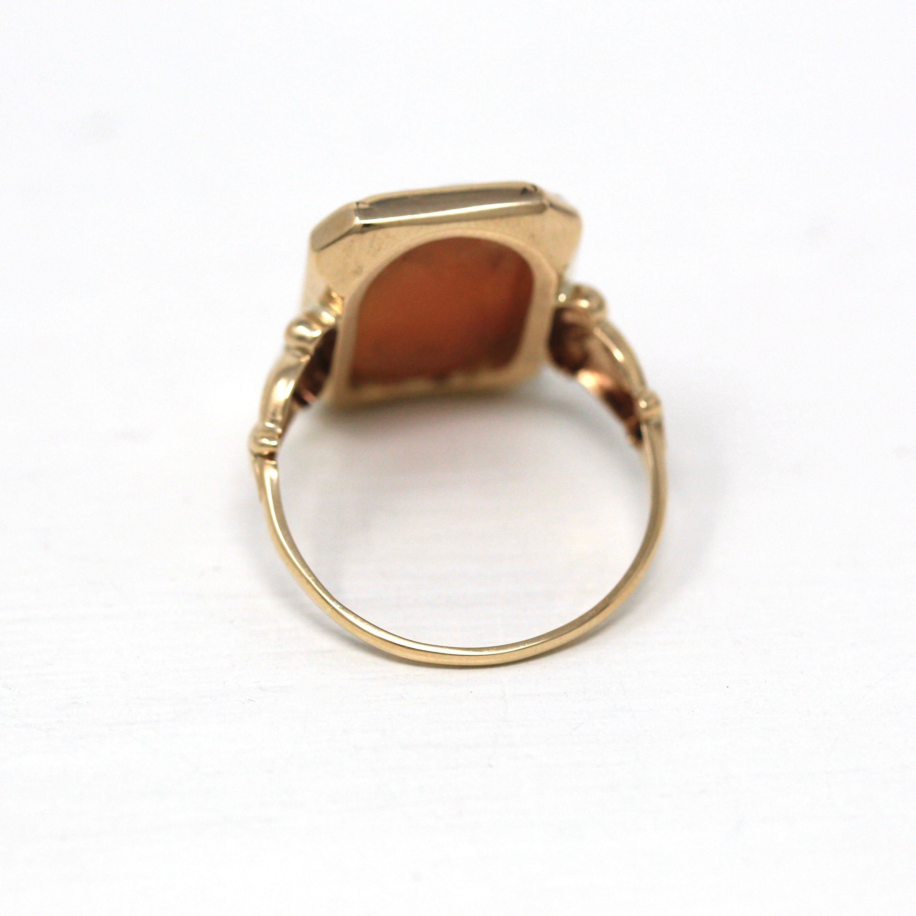 Vintage Cameo Ring - Retro 10k Yellow Gold Carved Shell Woman's Profile Silhouette - Circa 1940s Era Size 6 1/2 Statement Fine 40s Jewelry